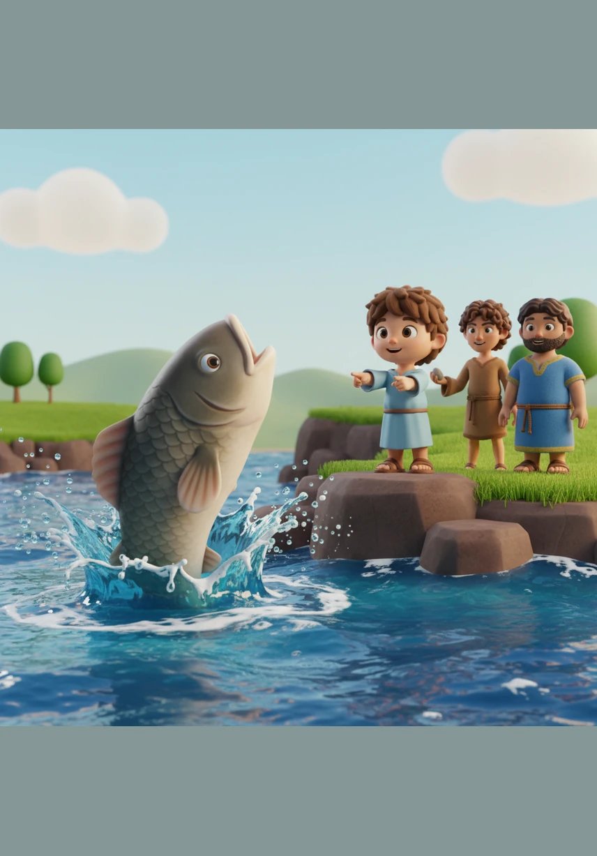 Moving to F, Caleb spots a giant Fish leaping out of the blue water, reminding him of Jonah’s amazing adventure and his big splash into the sea.