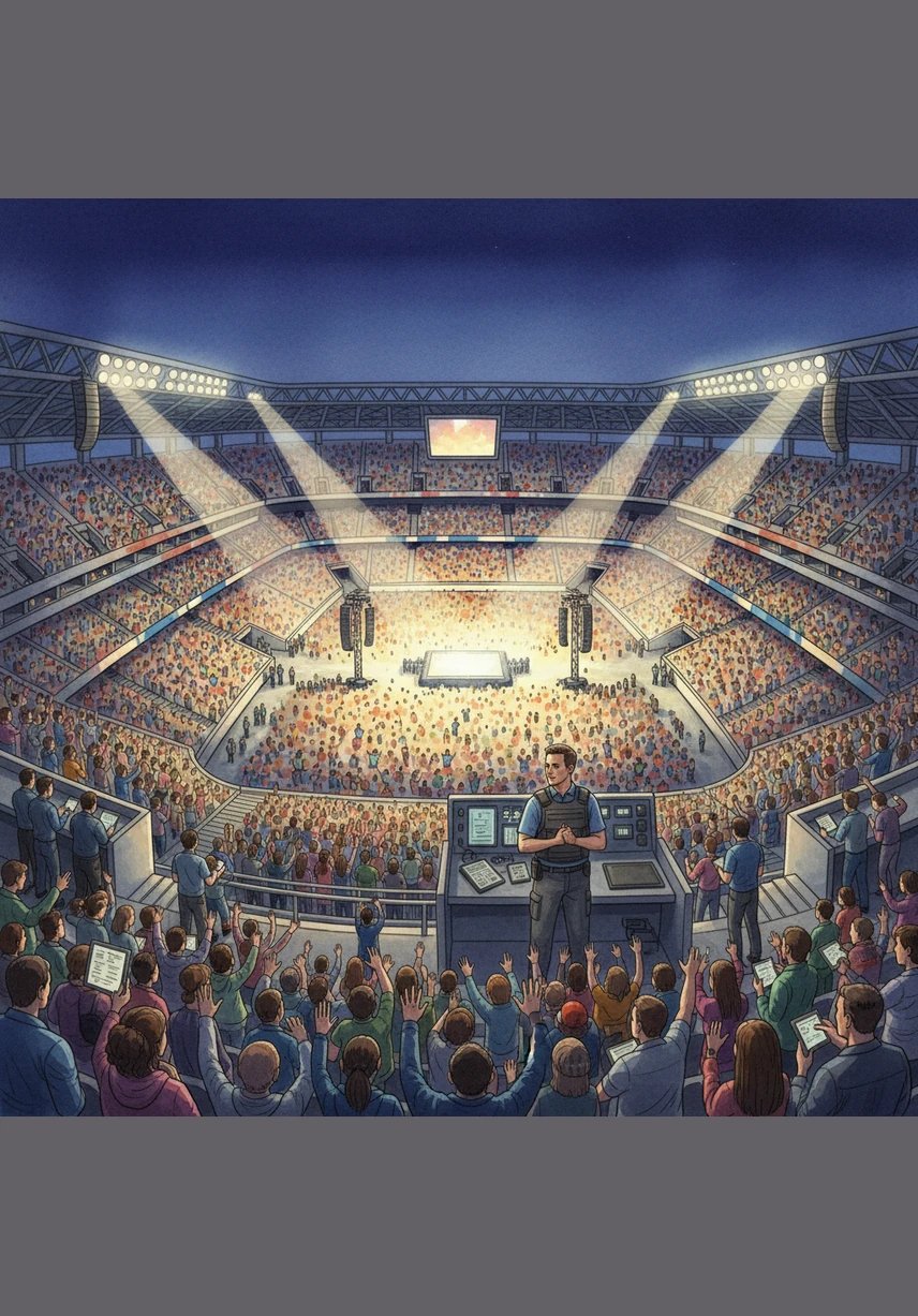 A vast stadium glows under the night sky, packed with thousands of excited fans. From high above, the sheer scale of the event is breathtaking, yet it hints at the massive complexity hidden beneath the surface of the cheering crowd.