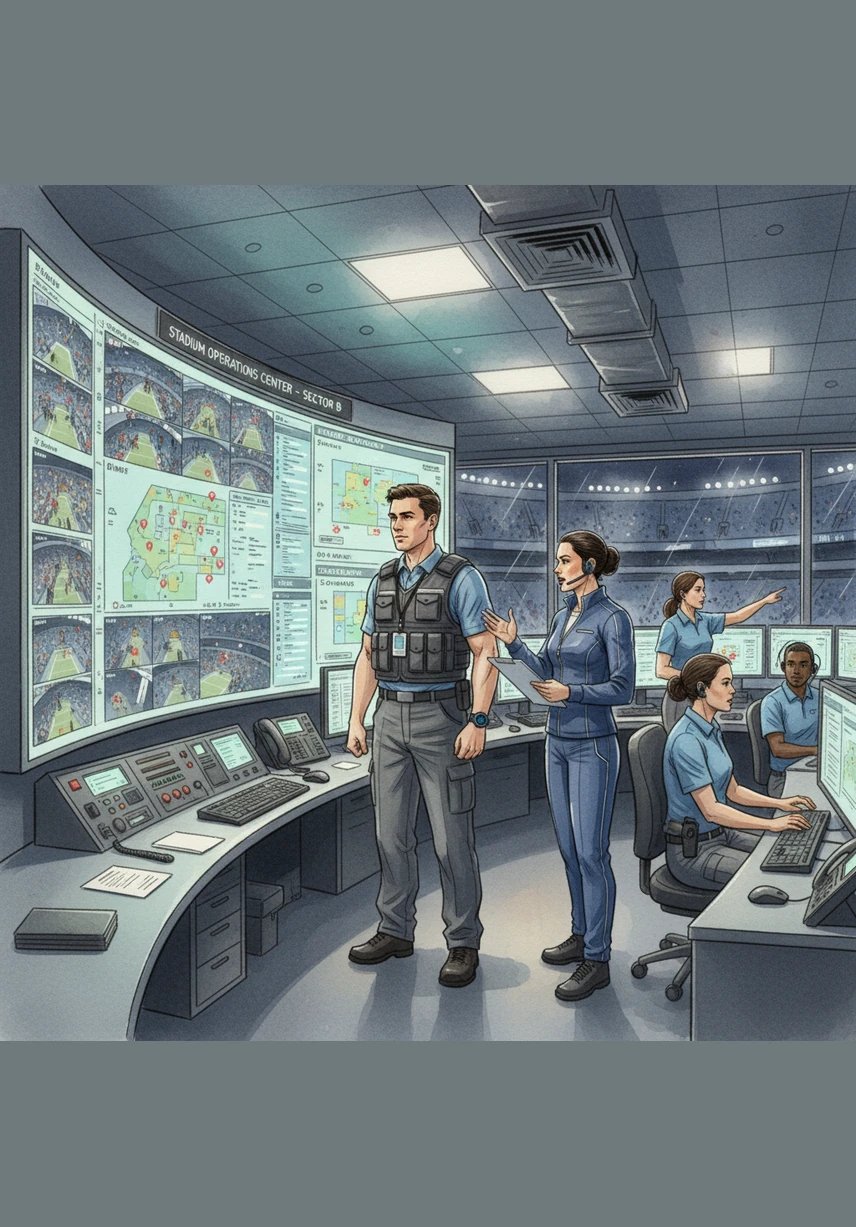 On the main dashboard, a live map displays the pulse of the entire event in real-time. Alex watches as digital icons representing the workforce move across the stadium floor, allowing for perfect coordination and strategic deployment of every team member.