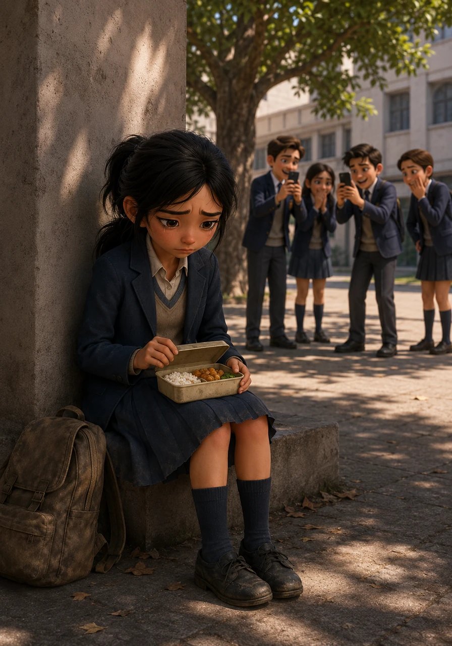 Durante o almoço, Maya senta-se sozinha no canto mais afastado do pátio, abrindo uma marmita simples preparada por sua mãe. De longe, alguns colegas de classe tiram fotos com os celulares e dão risadinhas, transformando a simplicidade da garota em motivo de piada cruel.