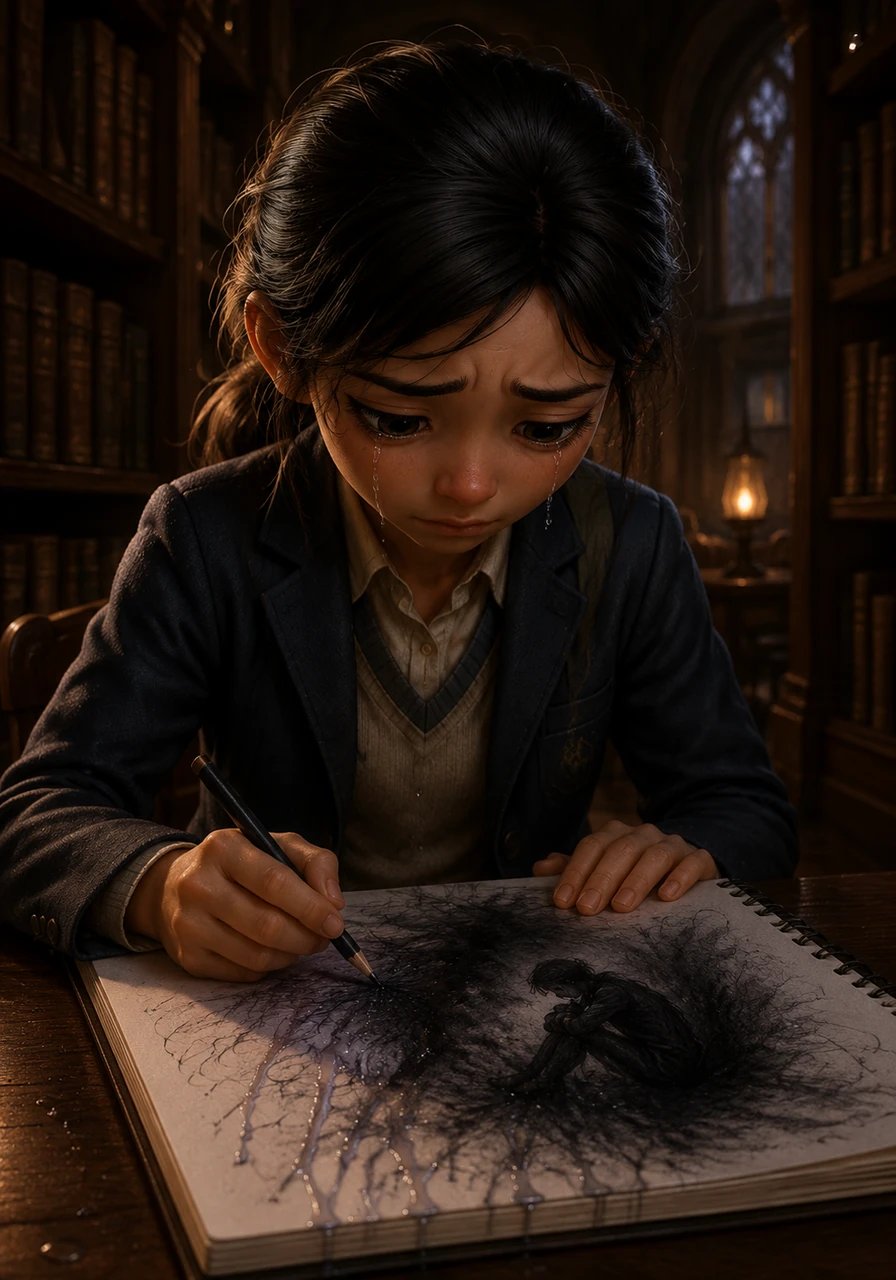 Refugiada na antiga biblioteca da escola, o único lugar onde encontra paz, Maya expressa suas angústias desenhando intensamente em seu caderno de esboços. Suas lágrimas caem sobre o papel, misturando-se ao grafite que ganha formas de sentimentos profundos e dolorosos.