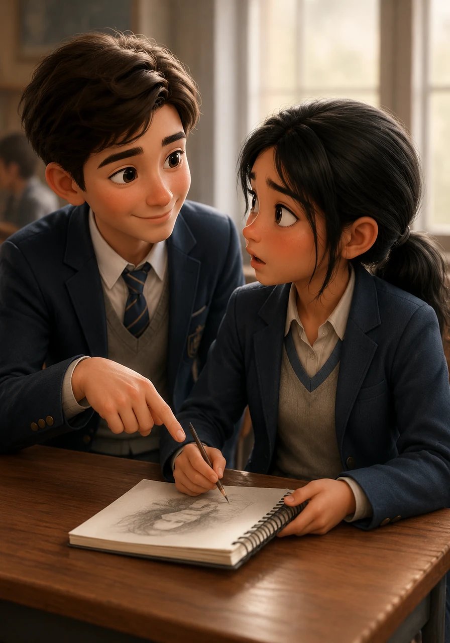 Leo senta-se na mesa com Maya e elogia sinceramente o talento de seus desenhos, quebrando o gelo e o isolamento que a cercava. Maya ergue os olhos, surpresa ao encontrar um olhar cheio de respeito e empatia, livre de qualquer julgamento social.