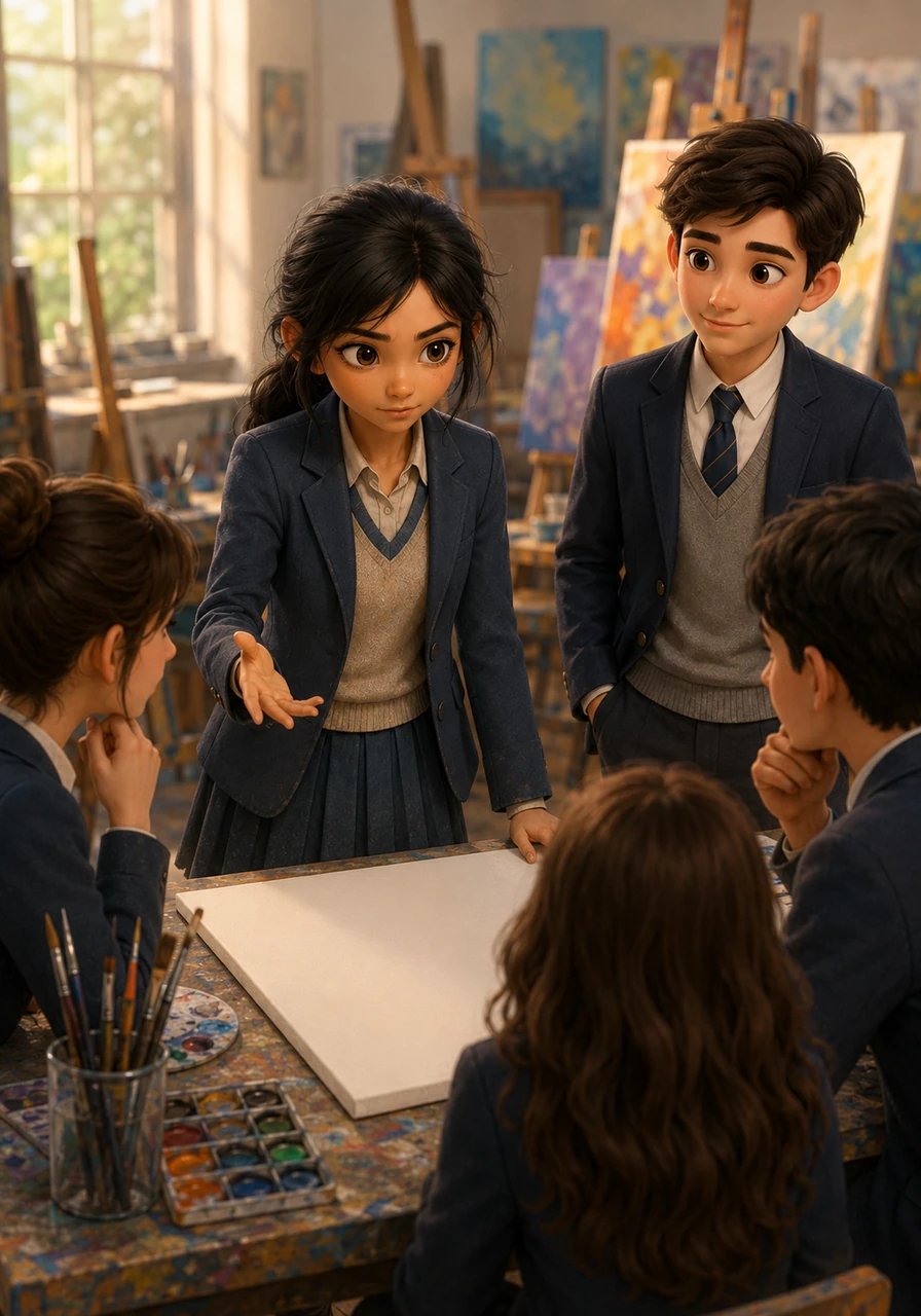 Quando o professor anuncia um grande projeto de artes em grupo, Maya hesita, mas é incentivada por seus novos amigos a liderar o conceito visual. Com determinação, ela assume o papel principal e começa a guiar os colegas, revelando sua incrível visão artística e liderança.