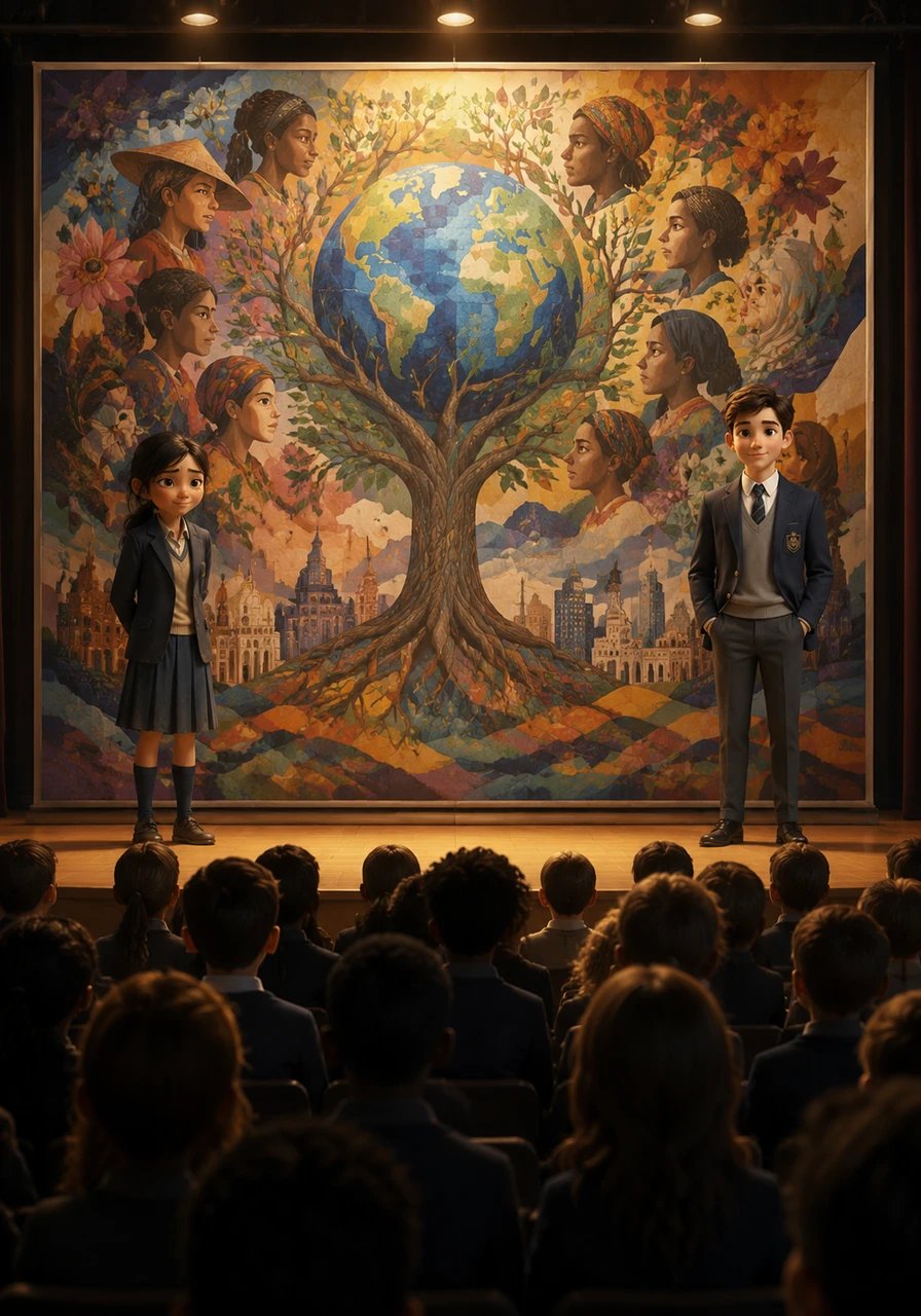 No dia da apresentação no auditório, o painel pintado por Maya e seu grupo é revelado, mostrando uma belíssima metáfora visual sobre como a diversidade de origens enriquece o mundo. A plateia inteira, incluindo os alunos que antes a diminuíam, fica em silêncio absoluto diante da profundidade e beleza da obra.