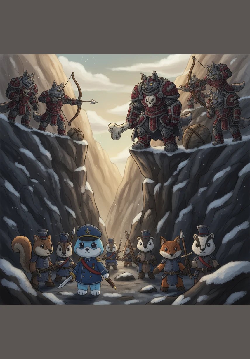 High above on the jagged cliffs, Hamix gave a silent signal with a polished silver mirror. Suddenly, hidden Dhala soldiers pushed massive boulders and logs over the edge, sealing the entrance and exit of the pass.