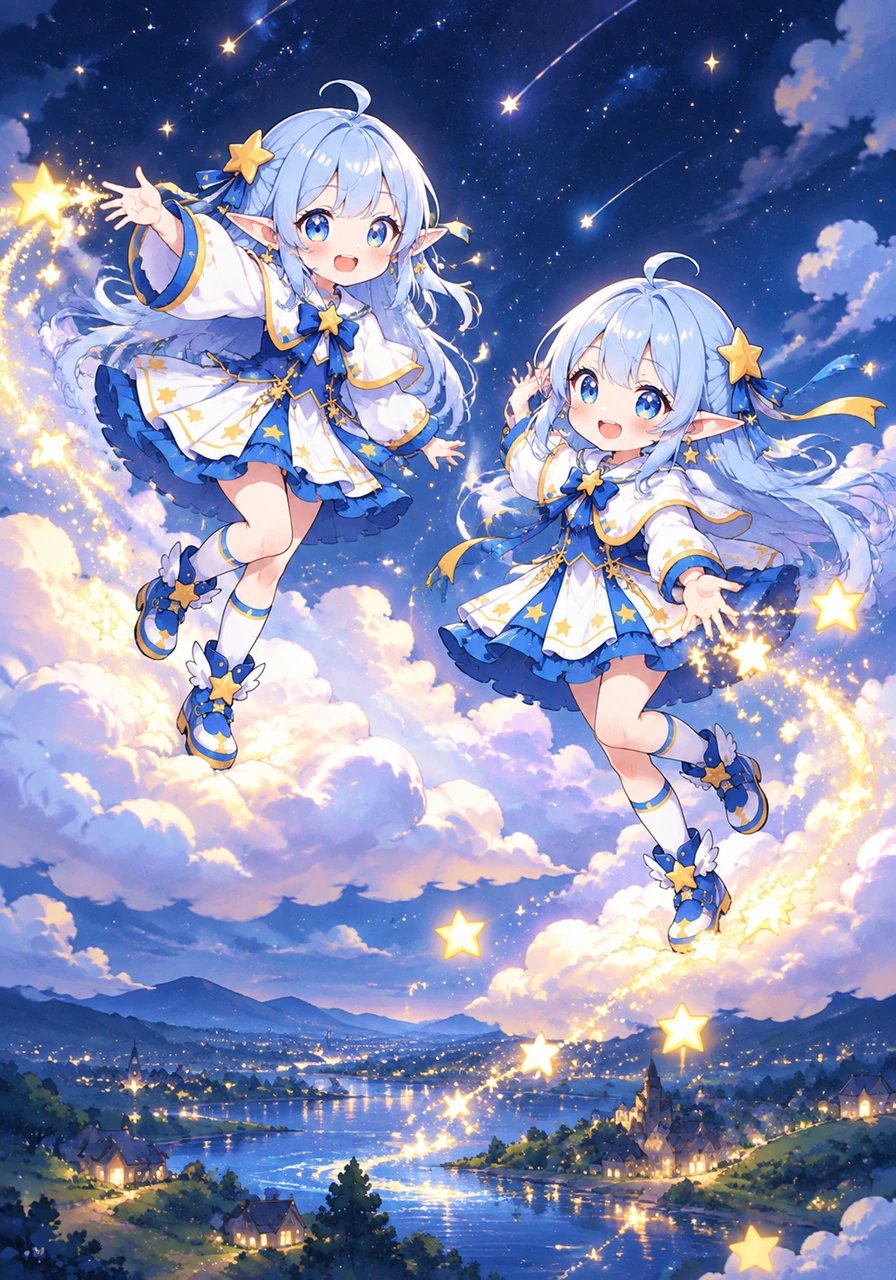 微风拂过夜空,两颗灵动的双子星降落人间,化作一对欢快的小精灵。它们在云端跳着舞,把好奇、智慧与无尽的快乐洒向大地。