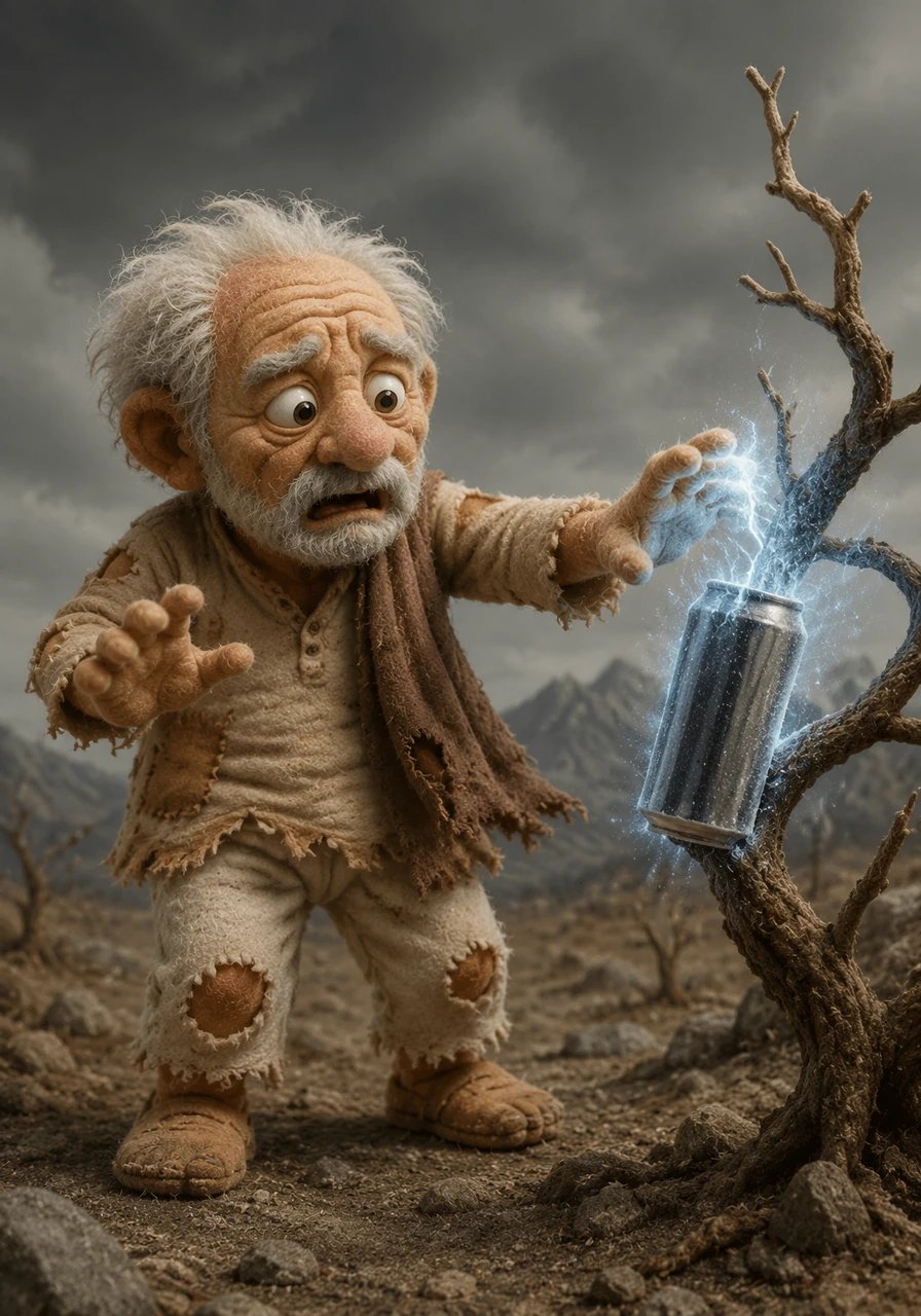 Curiosity turned to panic when Grandpa Dada reached out to steady himself on a barren tree branch. The moment his fingers brushed the dry wood, it crackled and reshaped into yet another cold energy drink.