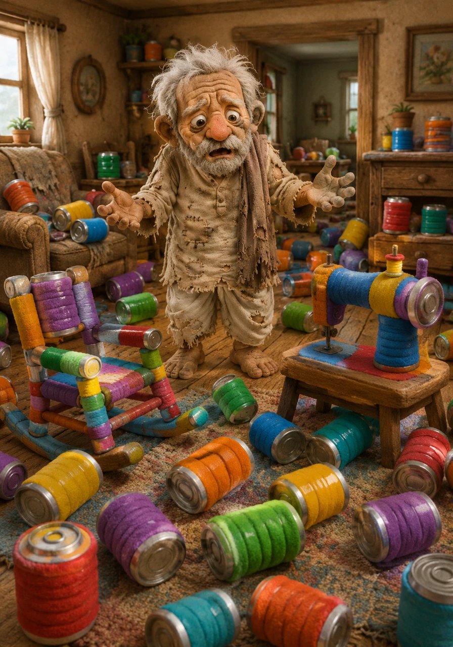 Inside his home, things rapidly spiraled out of control as Dada touched his wooden rocking chair and his wife's old sewing machine. Both objects immediately flashed into brightly colored cans, leaving the room cluttered and bizarre.