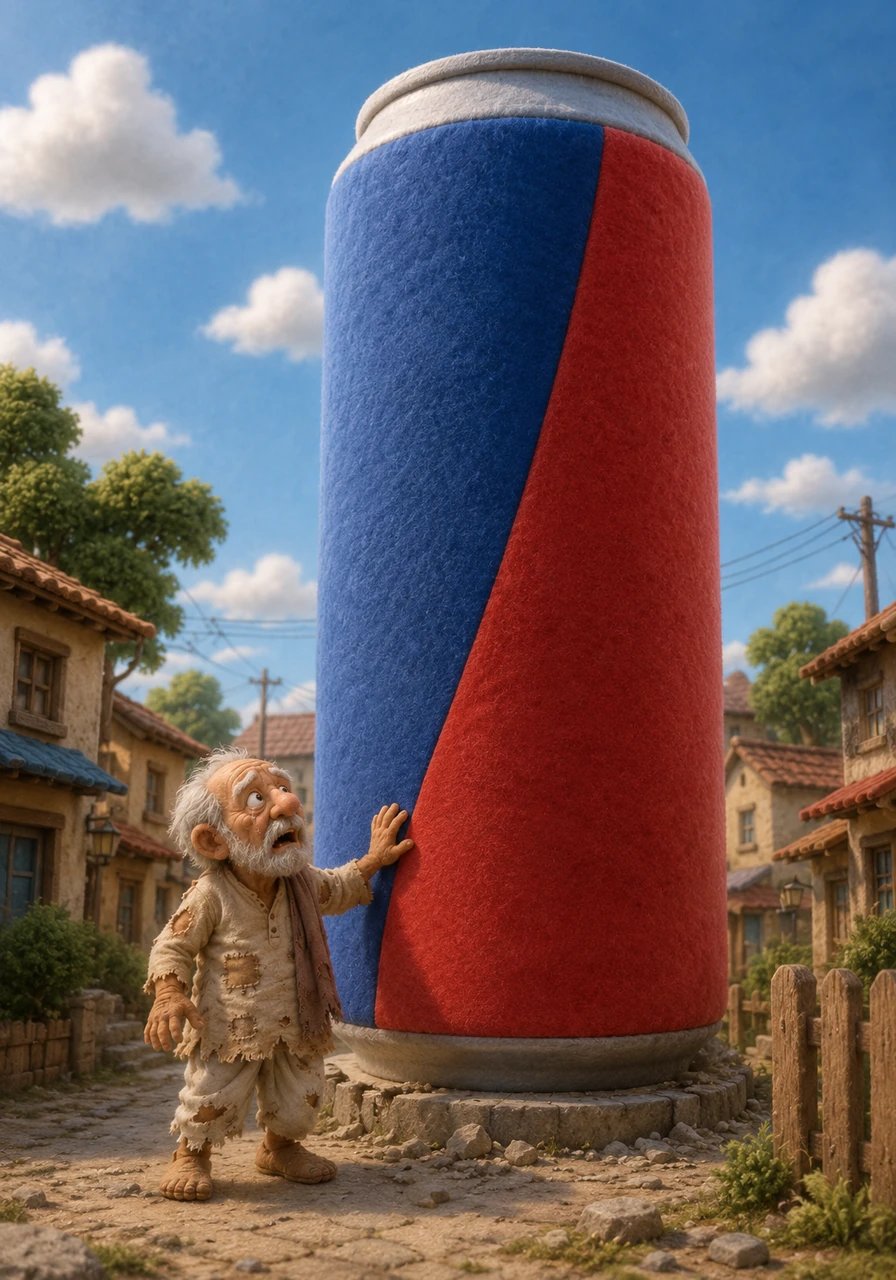 When Dada went outside to check the water supply, his hands accidentally brushed against the massive community water tank. In a sudden burst of energy, the giant structure transformed into a colossal, towering Red Bull can that dominated the entire neighborhood.