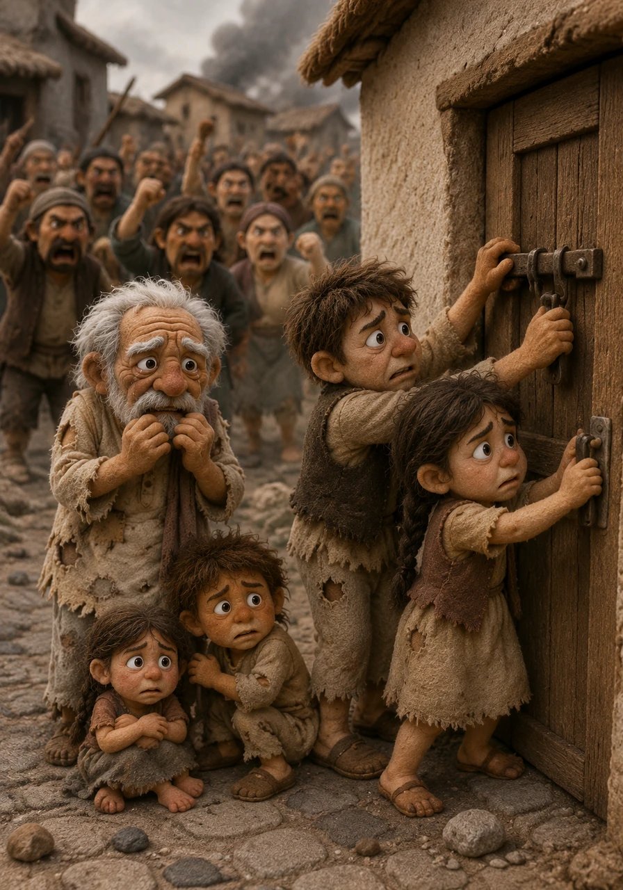 The neighbors gathered in the streets, shaking their fists and shouting in anger at the chaotic transformation of their village. Terrified and furious, Dada's own children locked the front door from the outside, while his grandchildren hid behind the corners, trembling with fear.