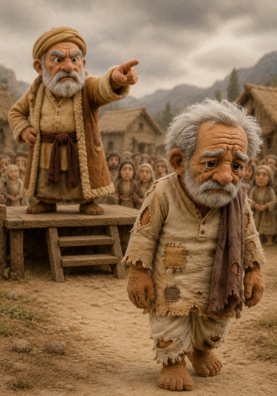 The village chief stood on a wooden platform, pointing a stern finger toward the horizon as he banished the old man. With no support left, Grandpa Dada walked away in his tattered clothes, carrying nothing but a heavy heart and tears in his eyes.