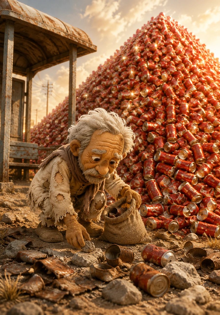 He eagerly gathered pebbles, broken tin cans, and scraps of rusted iron from around the old bus stop, touching each one intentionally. Within minutes, a magnificent mountain of thousands of premium Red Bull cans gleamed under the afternoon sun.