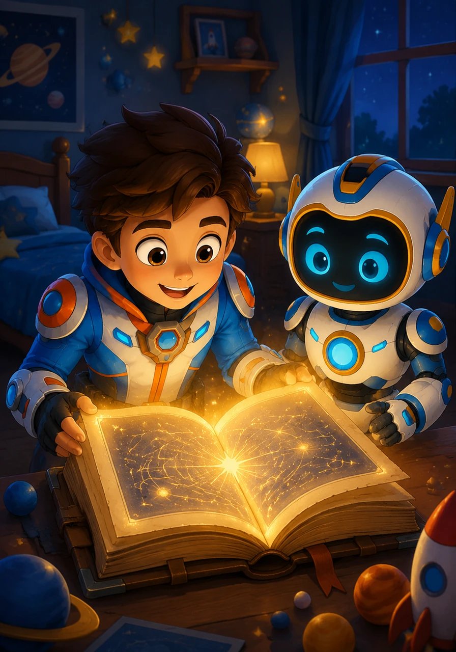 Leo discovers a glowing, ancient star map tucked away inside a mysterious book in his room. The dusty pages begin to shimmer with brilliant cosmic light, illuminating the curious and excited look on his face.