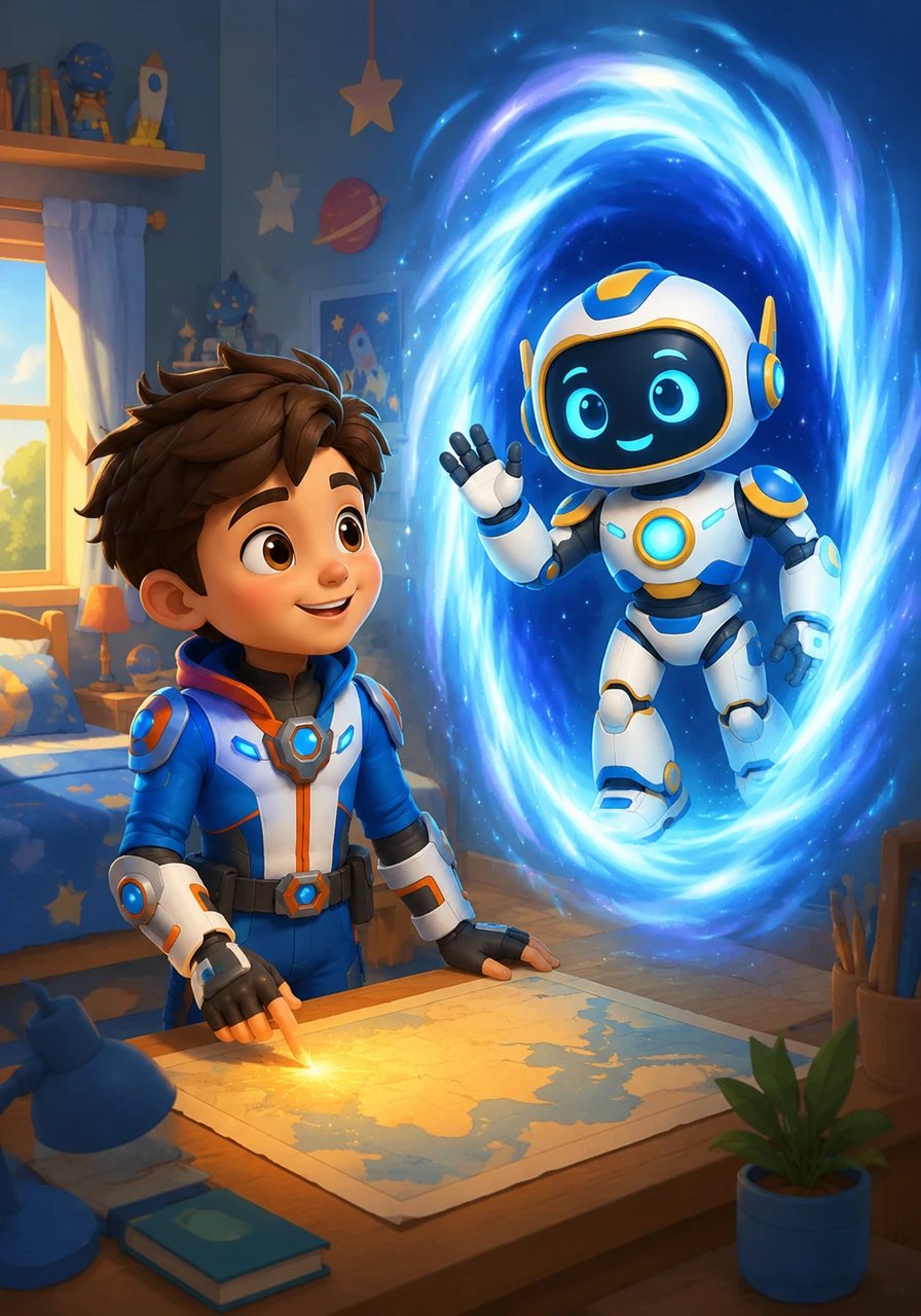 As Leo touches the glowing map, a swirling, magical portal opens right in the middle of his bedroom. Out steps Nova, a sleek and friendly little robot with big, expressive eyes and a welcoming wave.