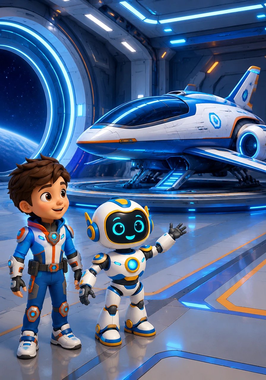 Nova guides Leo through the gateway and introduces him to a majestic, high-tech spaceship resting in a futuristic launch bay. The sleek vessel hums with energy, completely prepared for an unforgettable journey into the deep cosmos.
