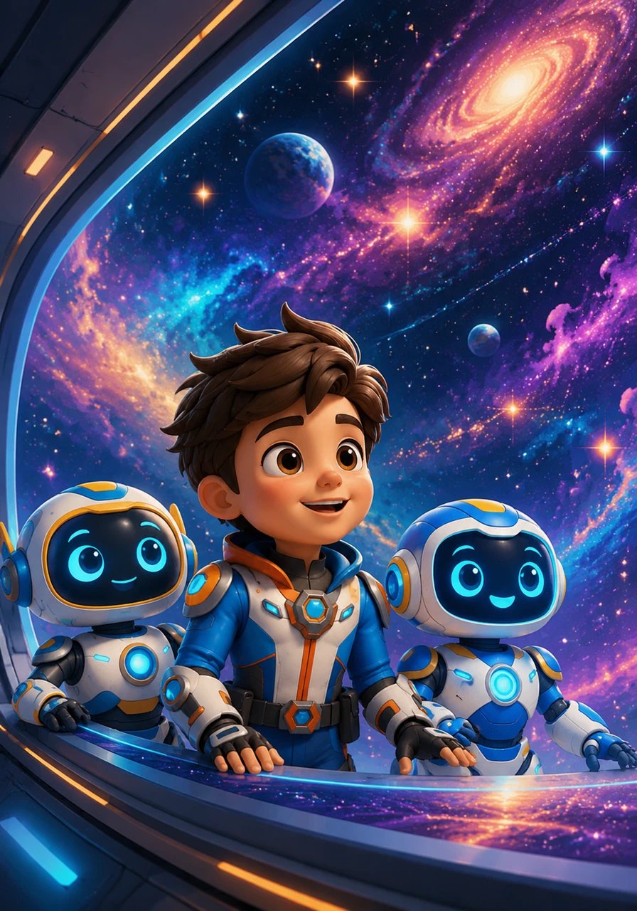 Rocketing through the vast galaxy, their spaceship cruises effortlessly amidst breathtaking, colorful nebulae and fields of sparkling stars. Leo looks out the panoramic window in complete awe as magical space dust dances past them.