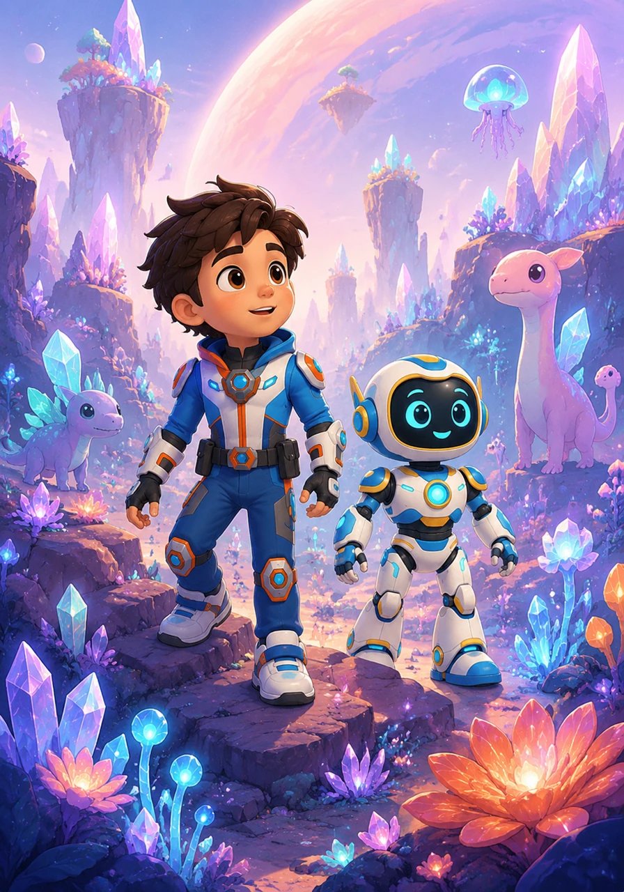 They touch down on a marvelous crystal planet covered in vibrant, bioluminescent plants and gentle, curious alien animals. The entire landscape glows with soft pastel colors, creating an enchanting sci-fi wonderland for the duo to explore.