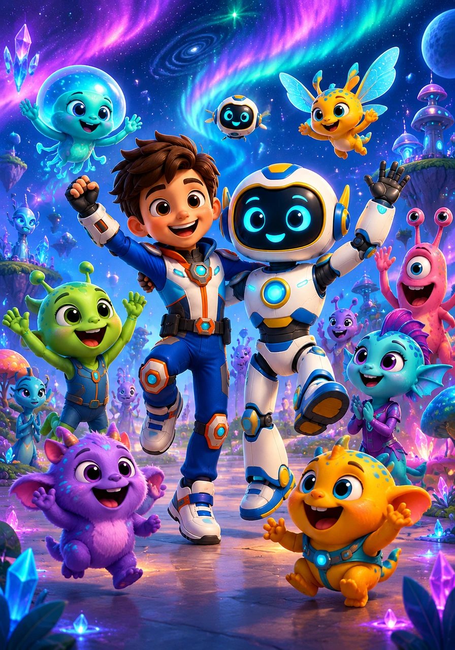 The local alien creatures gather to throw a joyful celebration under a sky painted with dancing auroras and swirling galaxies. Everyone laughs, plays, and dances in perfect harmony, celebrating the successful mission and their new cosmic bond.