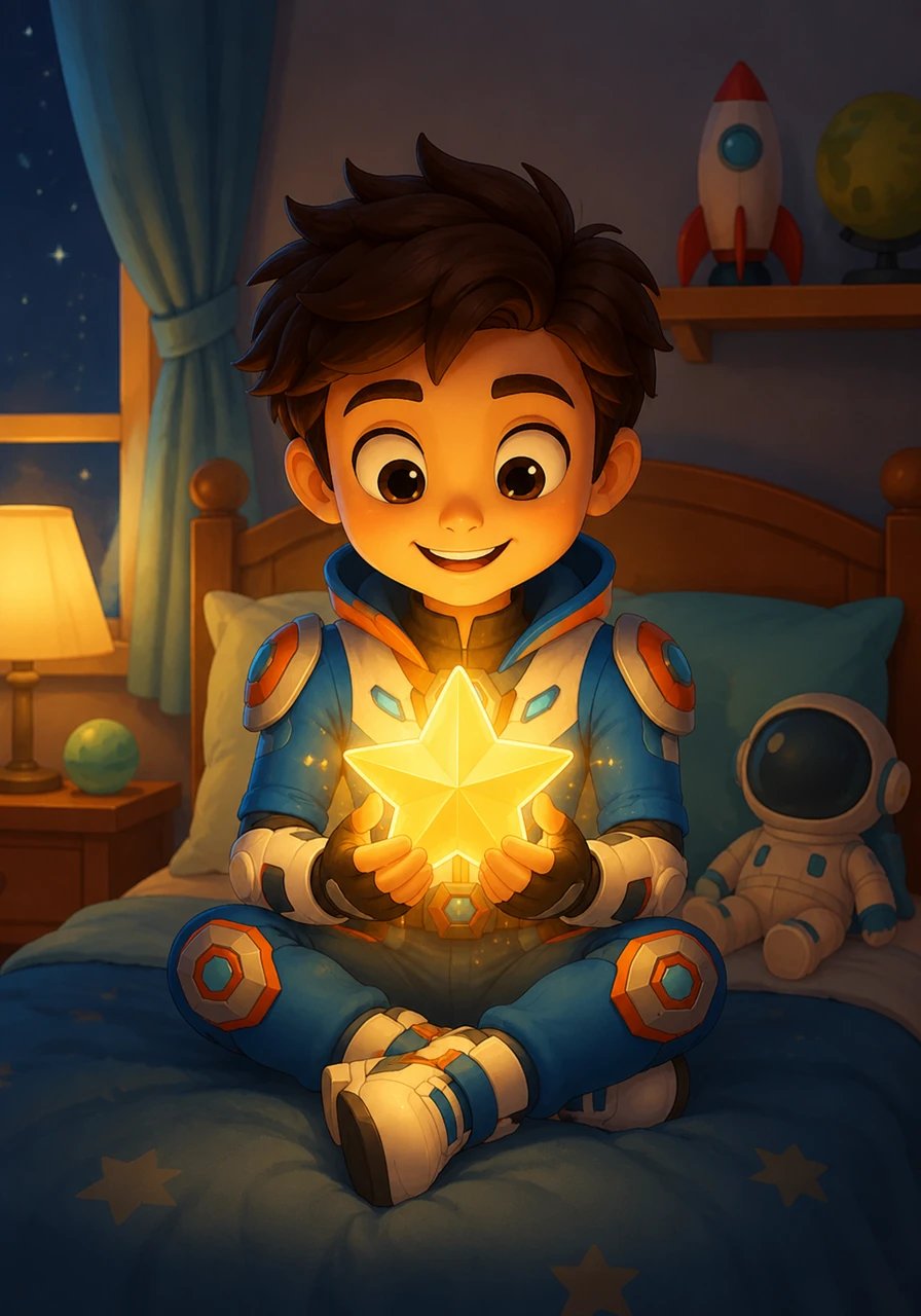 With a heart full of joy, Leo returns safely back to his cozy bedroom just as the adventure concludes. In his hands, he tightly holds a beautifully shining star gift given to him by Nova to remember their incredible galactic voyage.