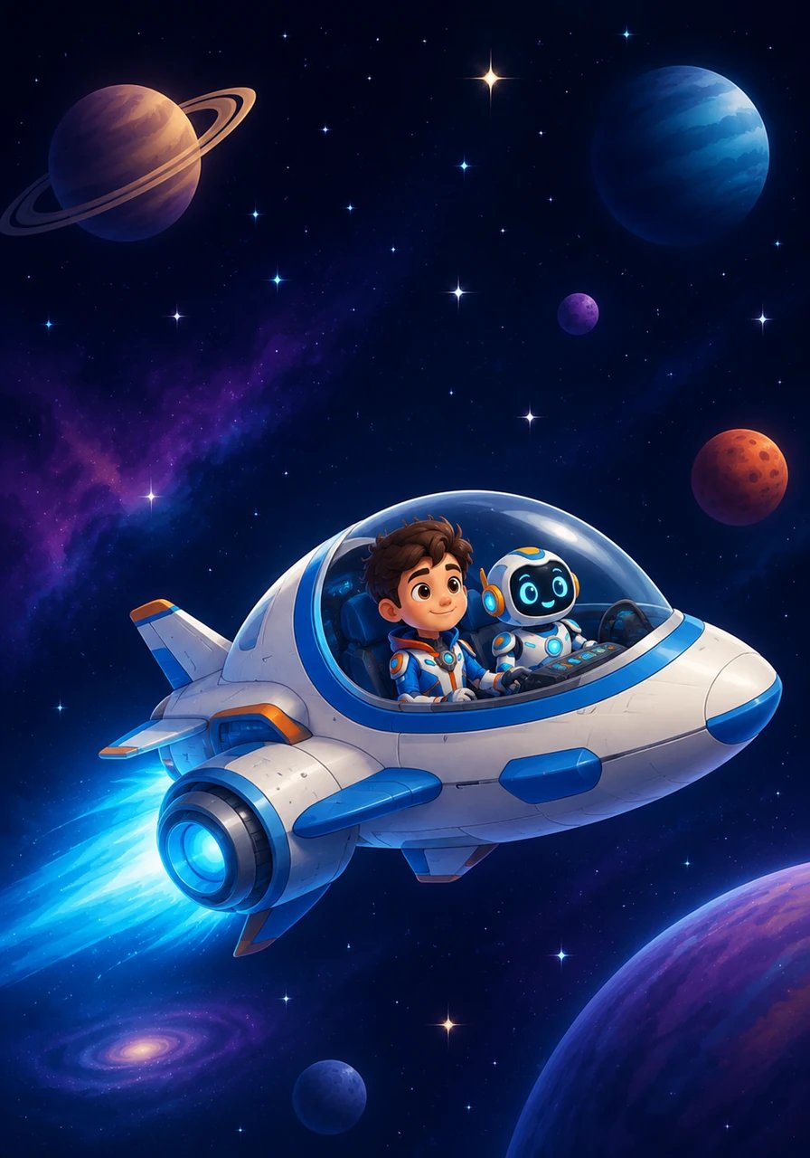 The friendly spaceship glides peacefully away into the beautiful dark expanse of outer space, passing by distant planets and twinkling stars. This marks the end of an spectacular cosmic voyage that will live on in Leo's dreams forever.