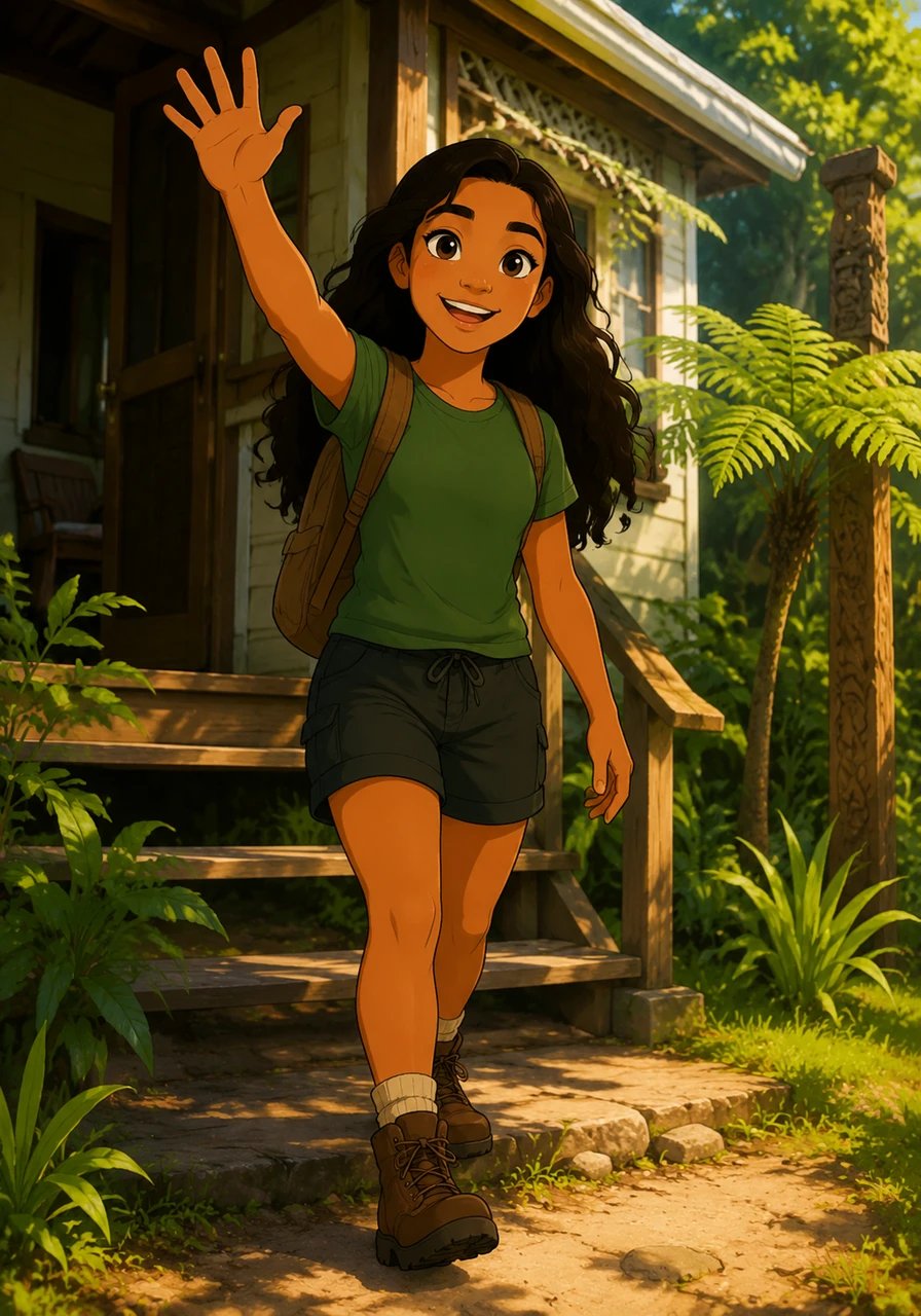 Young Aroha steps out onto her sunlit porch in Aotearoa New Zealand with a joyful smile, ready to begin a new adventure. She waves warmly to everyone she meets, calling out a bright 'Kia ora!' to start the beautiful day.