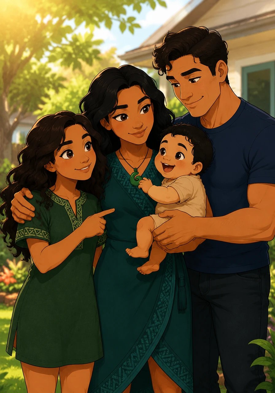 Aroha gathers with her loving whānau under the warm sunshine, pointing proudly to her māmā, pāpā, and giggling pēpi. Together, they share gentle hugs and happy laughter, celebrating the special bond of family.