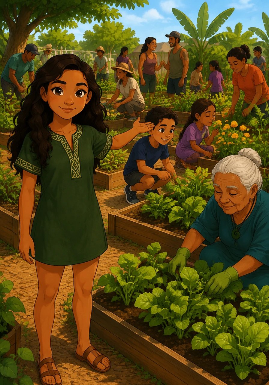 At the bustling community garden, Aroha introduces all the wonderful people around her. She points out a playing tama, a sweet kōtiro, and a wise kaumātua tending to the green plants with care.