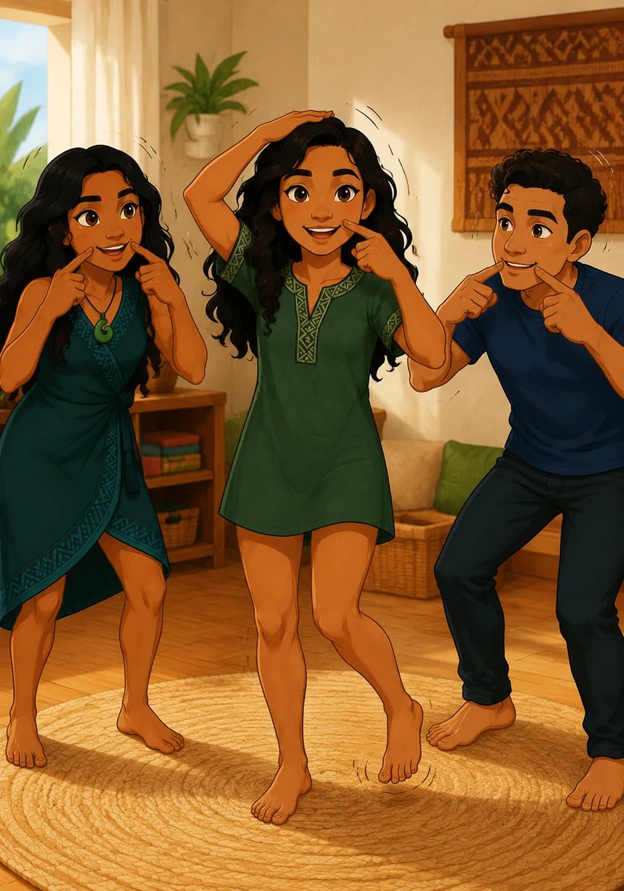 Aroha plays an energetic game of body parts with her friends, giggling as she touches her ihu and points to her waha. She wiggles her waewae and reaches high to touch her upoko with joy.
