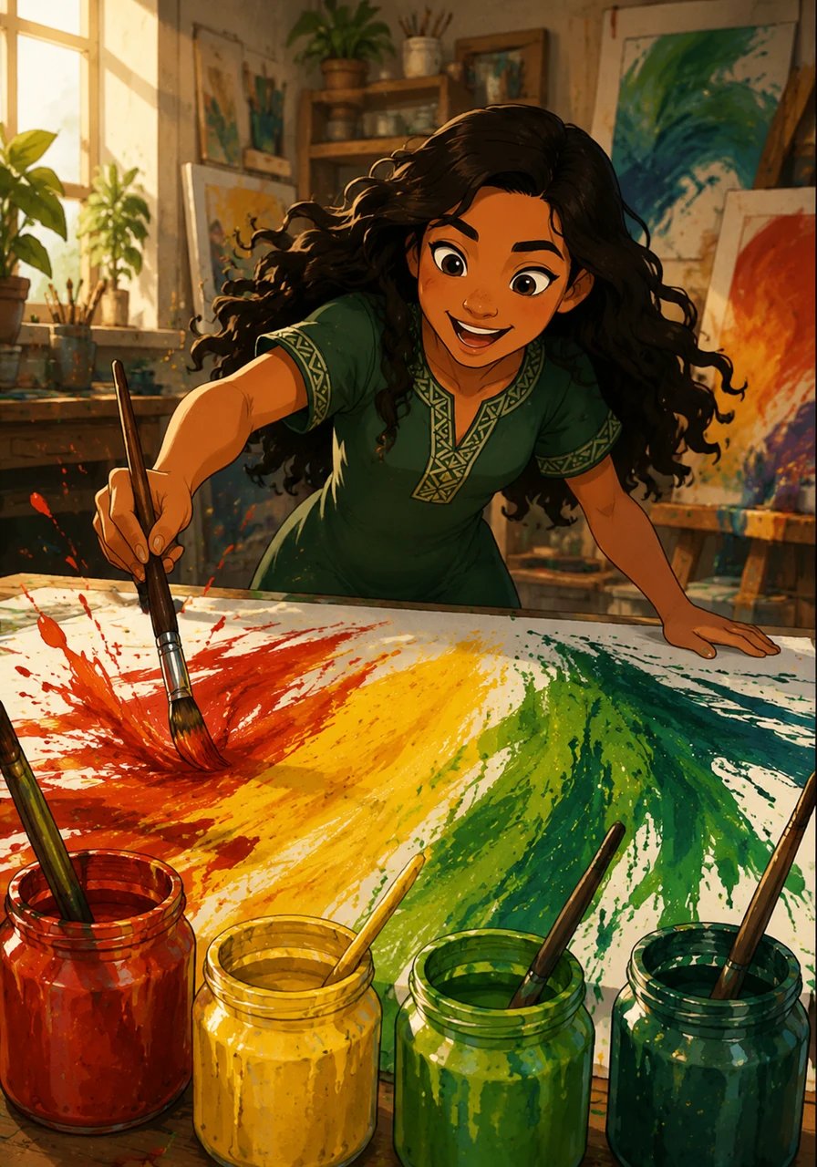 Dipping her brush into bright paint jars, Aroha splashes brilliant whero, radiant kōwhai, and calm kākāriki across a large paper banner. The rainbow of beautiful tae fills her heart with artistic excitement.
