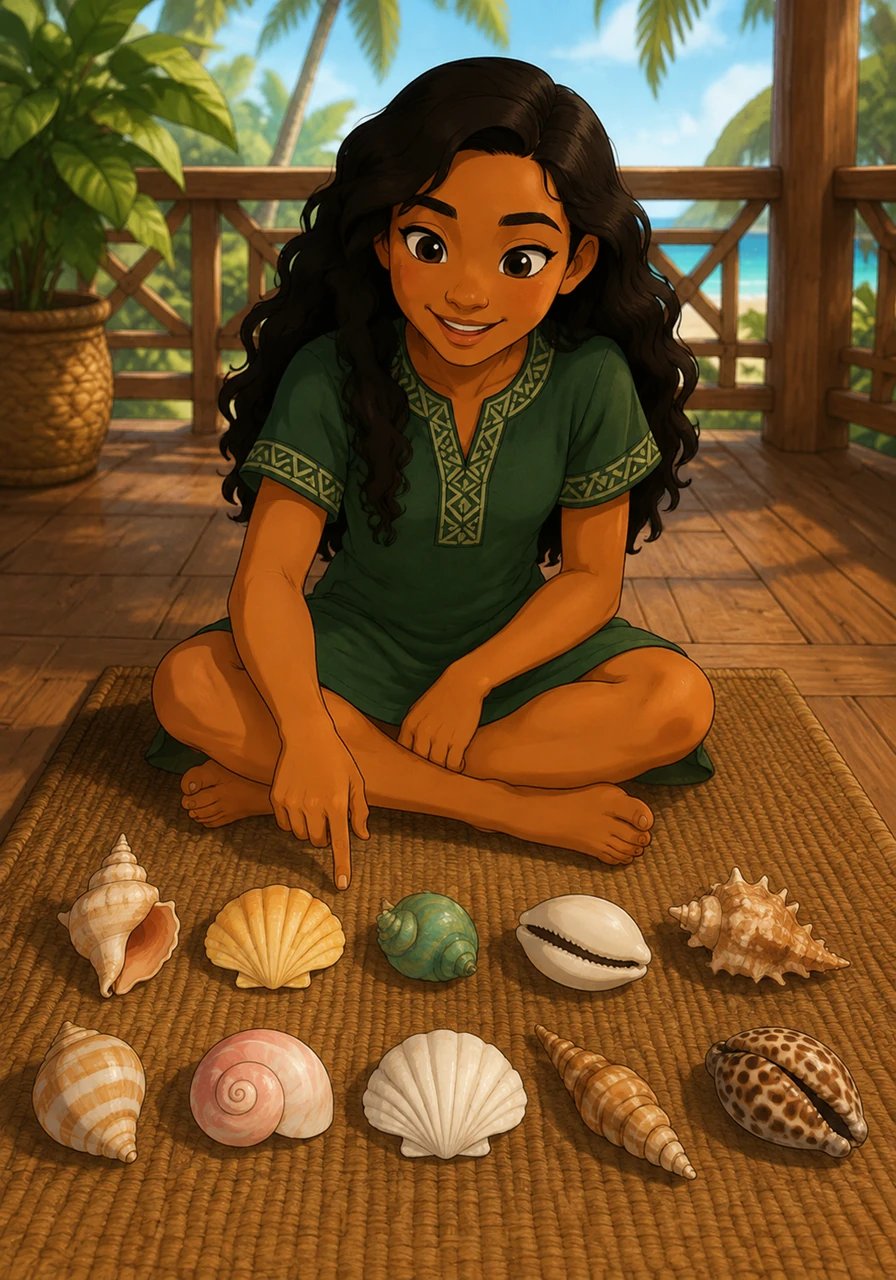 Sitting on a woven mat on the wooden deck, Aroha counts her smooth ocean shells one by one. Her finger moves happily from tahi to tekau as she counts all ten shiny treasures.