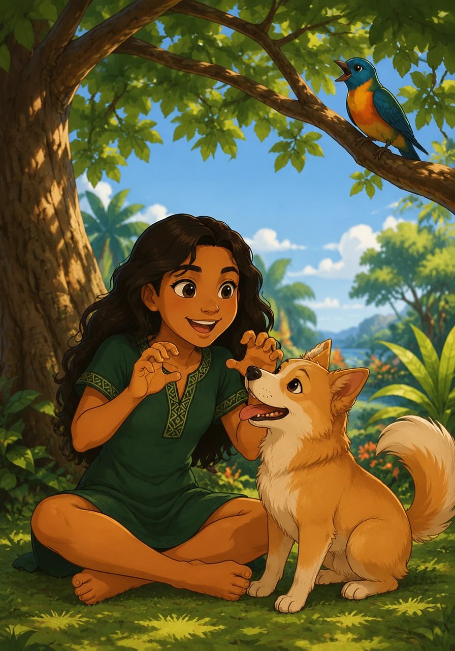 A friendly kurī trots over to sit beside Aroha, wagging its tail while a colorful manu sings a cheerful melody high in the branches. Aroha giggles and practices making all her favorite animal sounds.