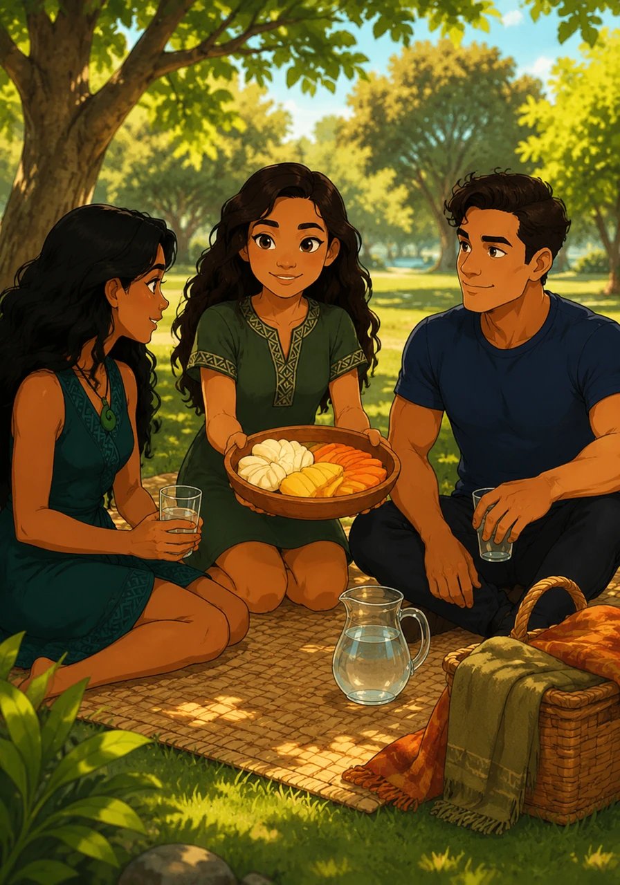 During a sunny afternoon picnic, Aroha shares fresh āporo slices, golden kūmara, and cool wai with her loved ones. She knows that eating good kai keeps her tinana healthy, strong, and full of energy.