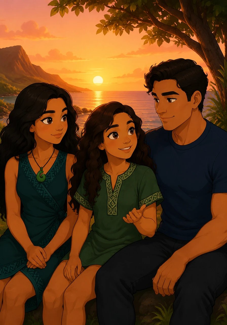 As the golden sun sets, Aroha sits beside her family, softly whispering the new Māori words she learned today. She smiles deeply, knowing that every word spoken helps the vibrant language flourish for generations to come.