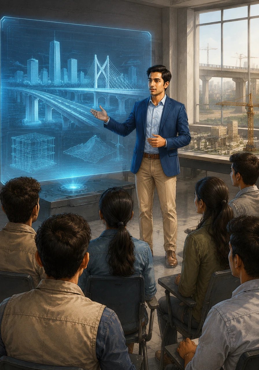 Professor Aryan stands before a glowing holographic display, ready to unveil a new era for civil engineering. He explains that while the landscape of Uttar Pradesh is changing, the way we teach engineering must also evolve into a high-tech, aspirational journey.