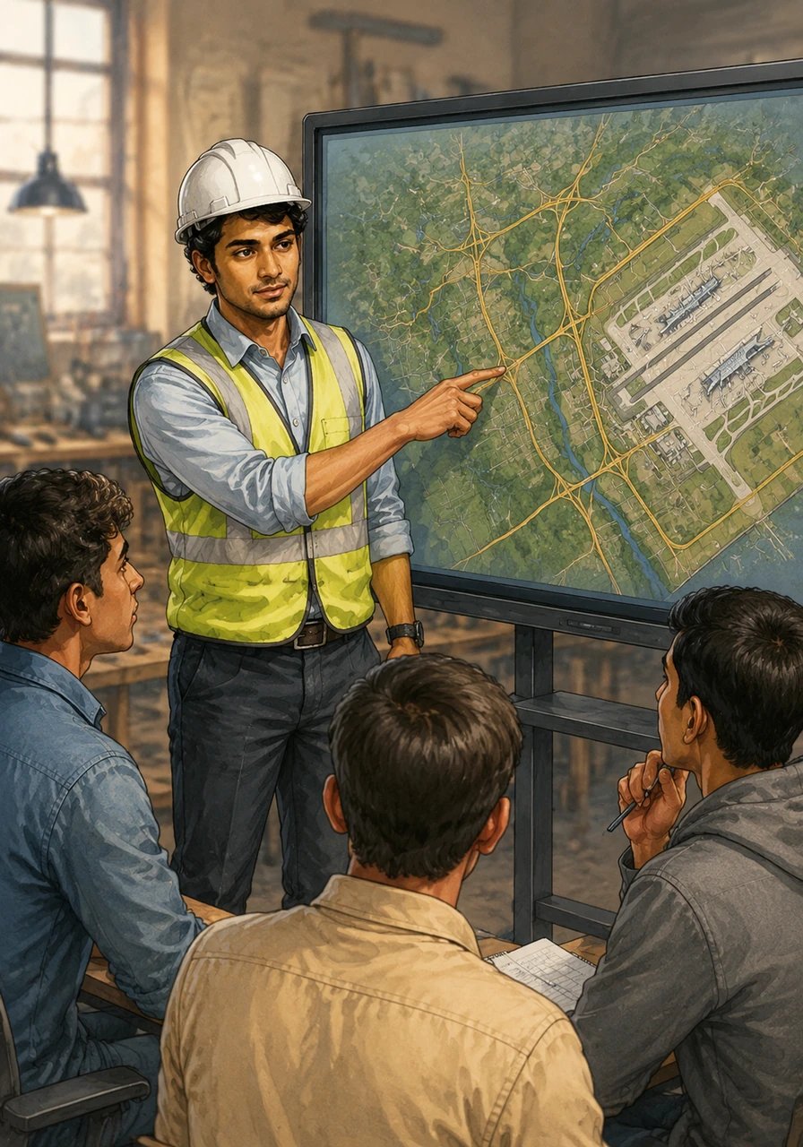 He points to a digital map of Uttar Pradesh, highlighting the massive web of new expressways and the sprawling Jewar Airport. These mega-projects represent a goldmine of local opportunities, ensuring students no longer need to leave their home state for success.