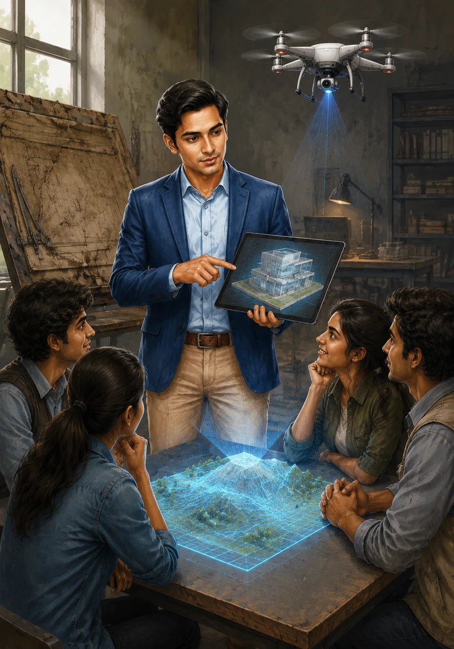 Aryan demonstrates the shift from dusty drawing boards to sleek tablets and immersive 3D BIM models. He shows how modern engineers use drones to map terrain and AI to simulate complex structures, making the field as exciting as computer science.