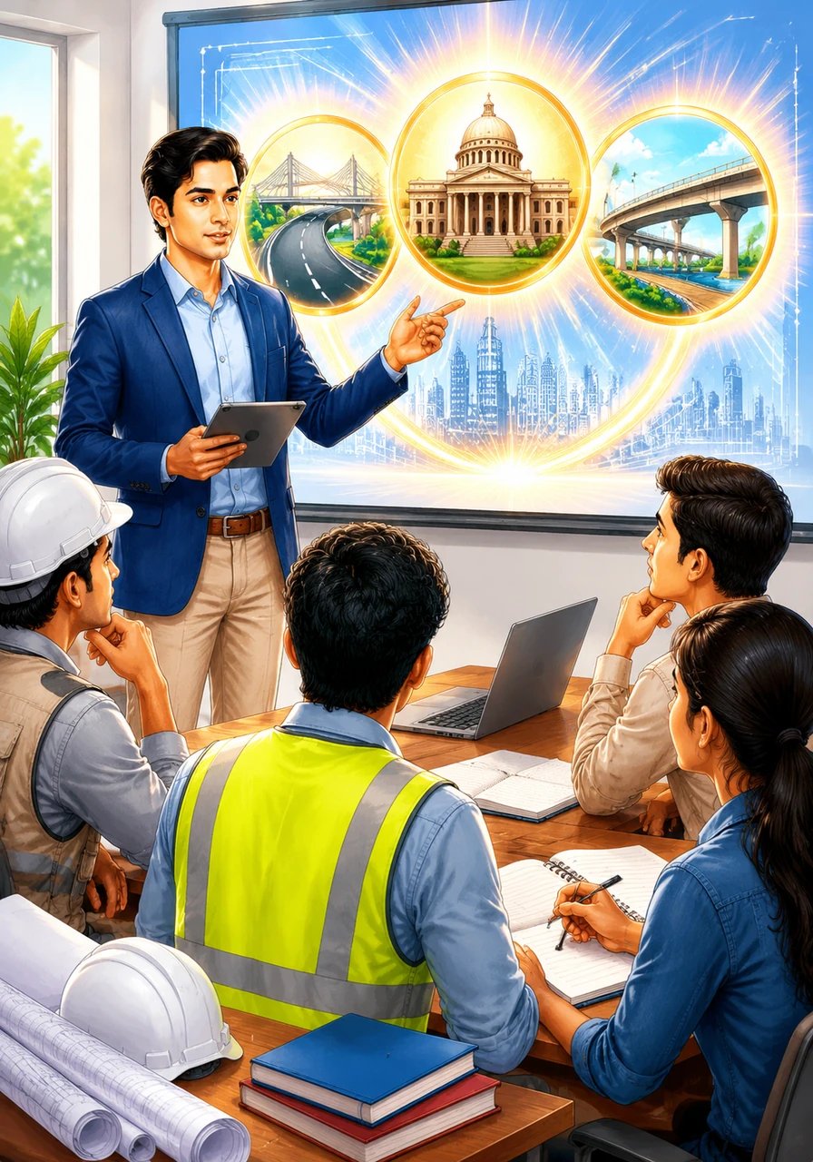 Three prestigious icons for government sectors like PWD and NHAI glow on the screen behind him. He emphasizes that integrating civil services exam preparation into the college curriculum restores the immense social prestige and job security students crave.