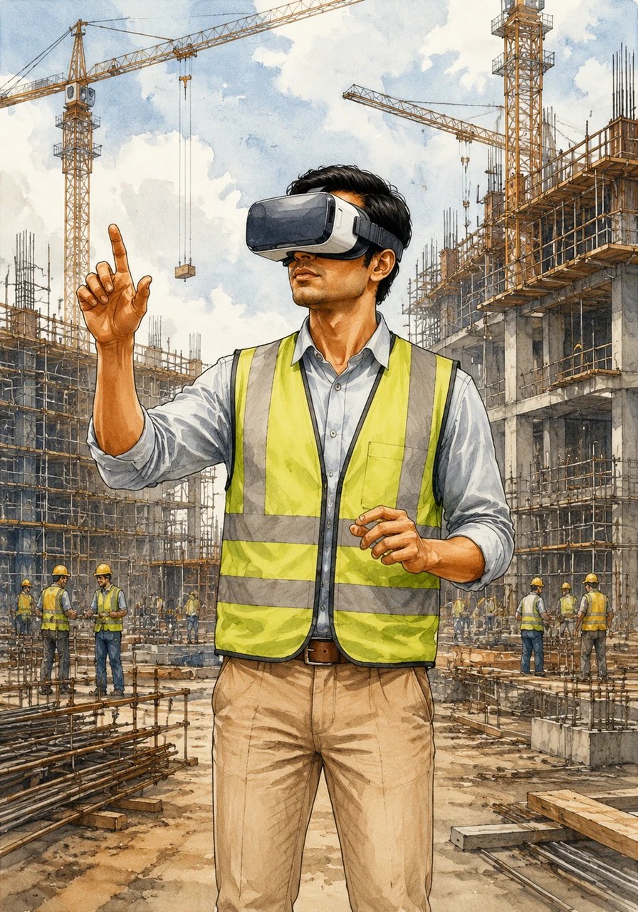 A student is shown wearing a safety vest and a VR headset while standing on a massive, active construction site. Aryan explains that the new curriculum focuses on six-month internships with industry giants, bridging the gap between theory and real-world execution.