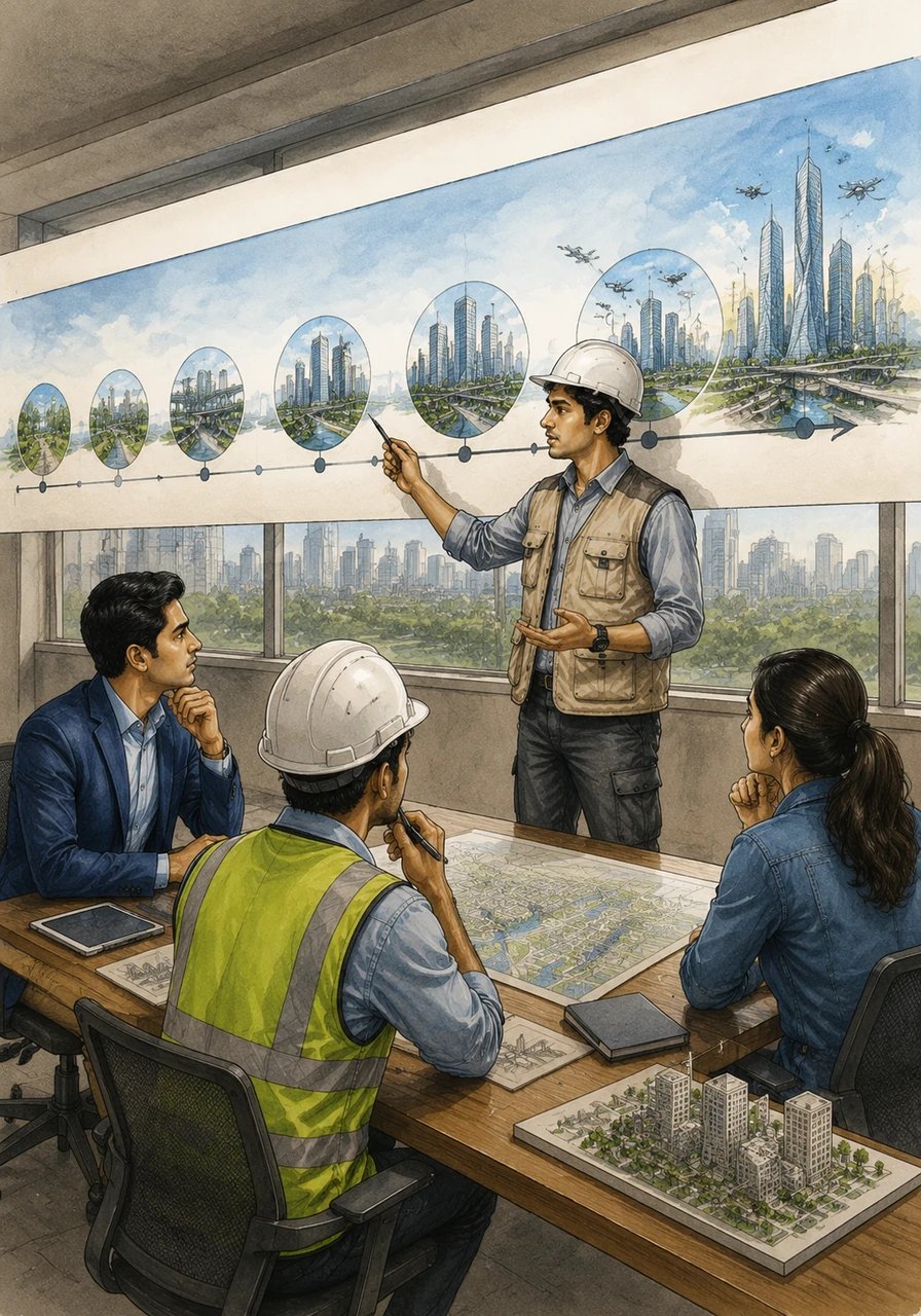 A timeline stretches across the room, showing a continuous roadmap of smart city developments leading into 2027 and beyond. This long-term vision proves that a student starting today is entering a decades-long boom of urban transformation.