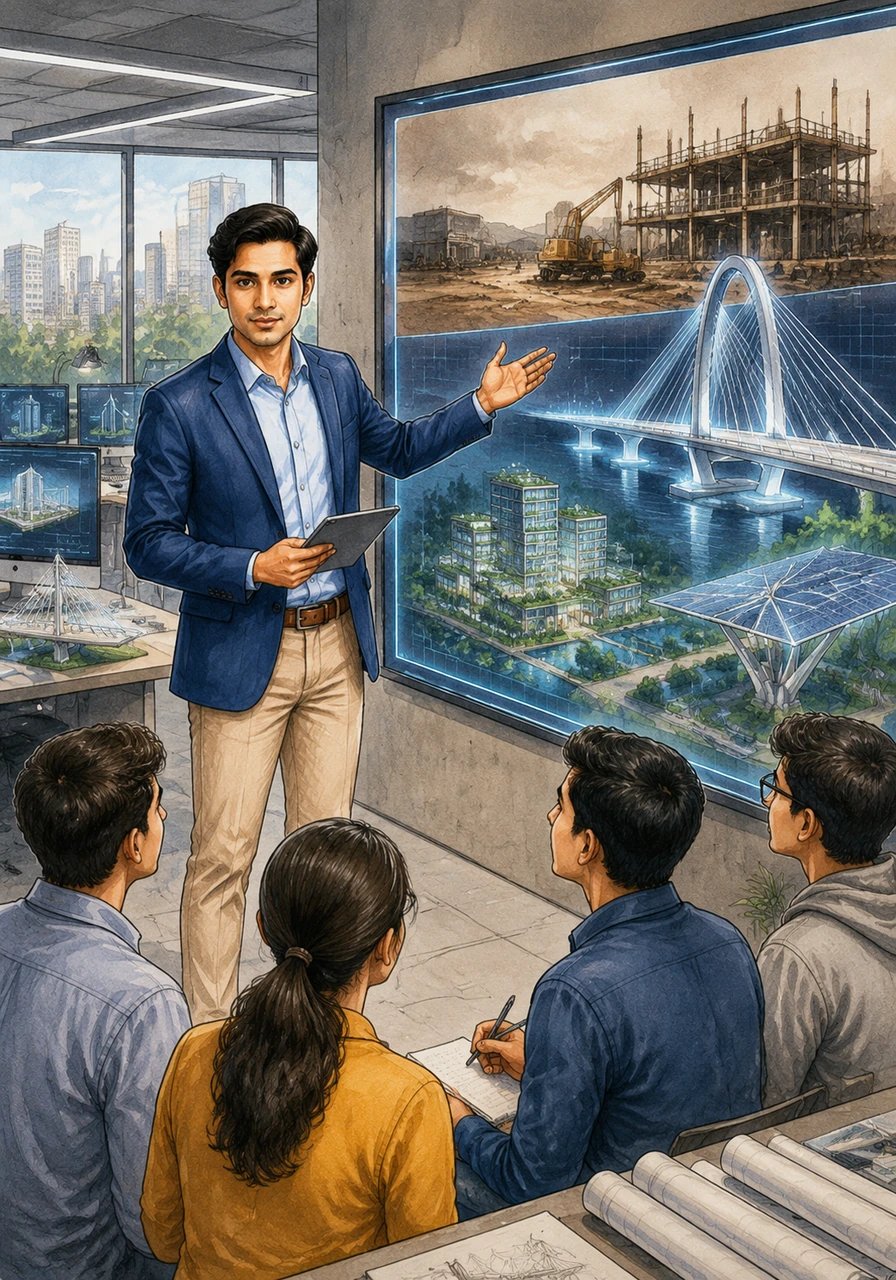 Aryan presents a comparison between the dusty site myth and the reality of modern design offices. He highlights how engineers now spend their time in high-value roles, using advanced software to create climate-resilient and sustainable infrastructure.