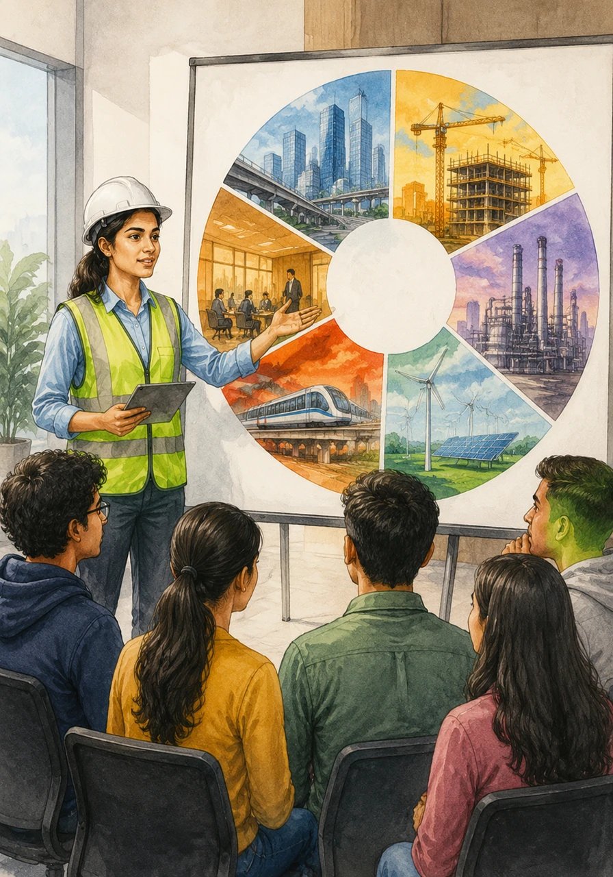 A colorful doughnut chart appears, illustrating a diverse range of high-paying career paths. From infrastructure giants to high-level consultancies, the data shows that civil engineering offers a robust and stable professional future.