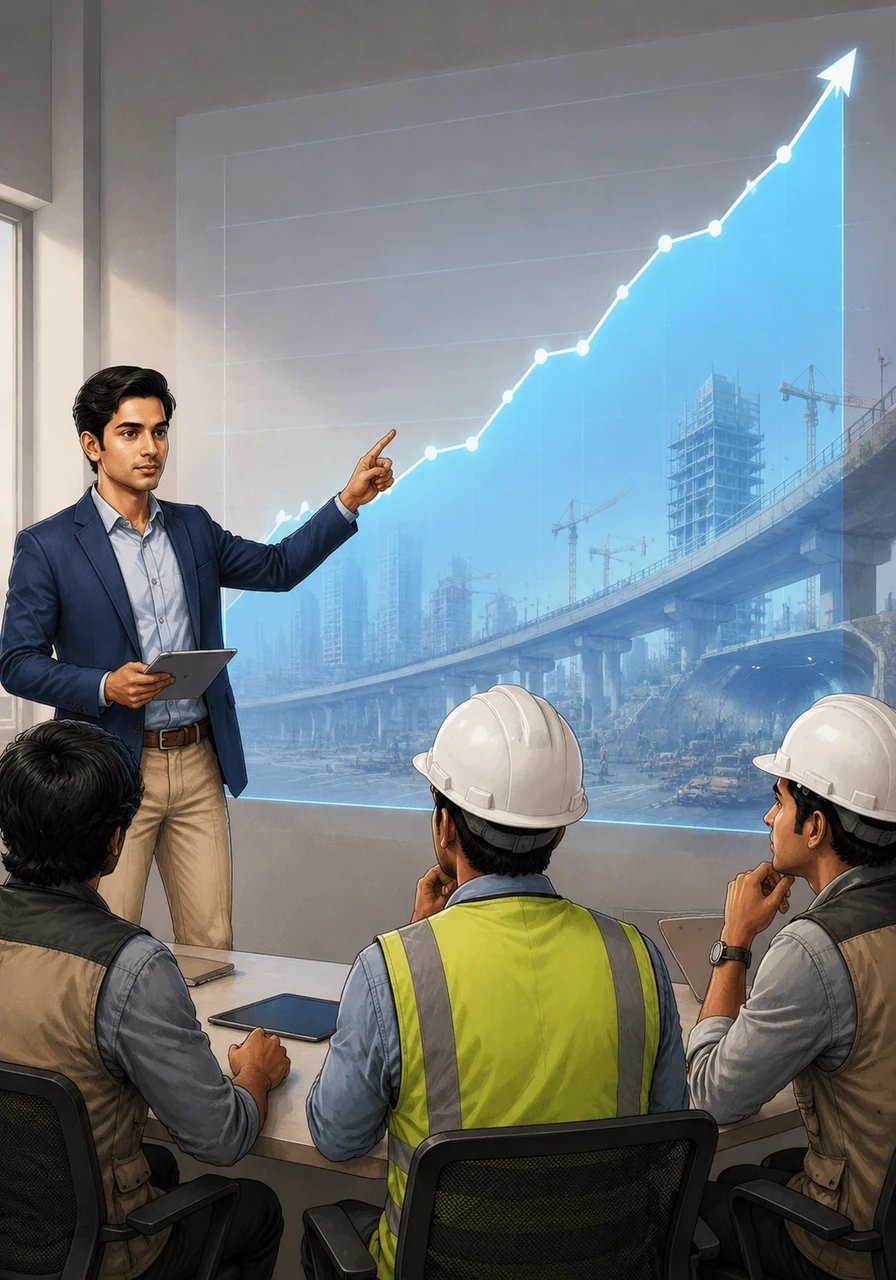 The room fills with a rising area chart showing the state's massive budget for infrastructure reaching new heights. Aryan notes that this skyrocketing public spending is a direct guarantee of immediate and long-term job security for every graduate.