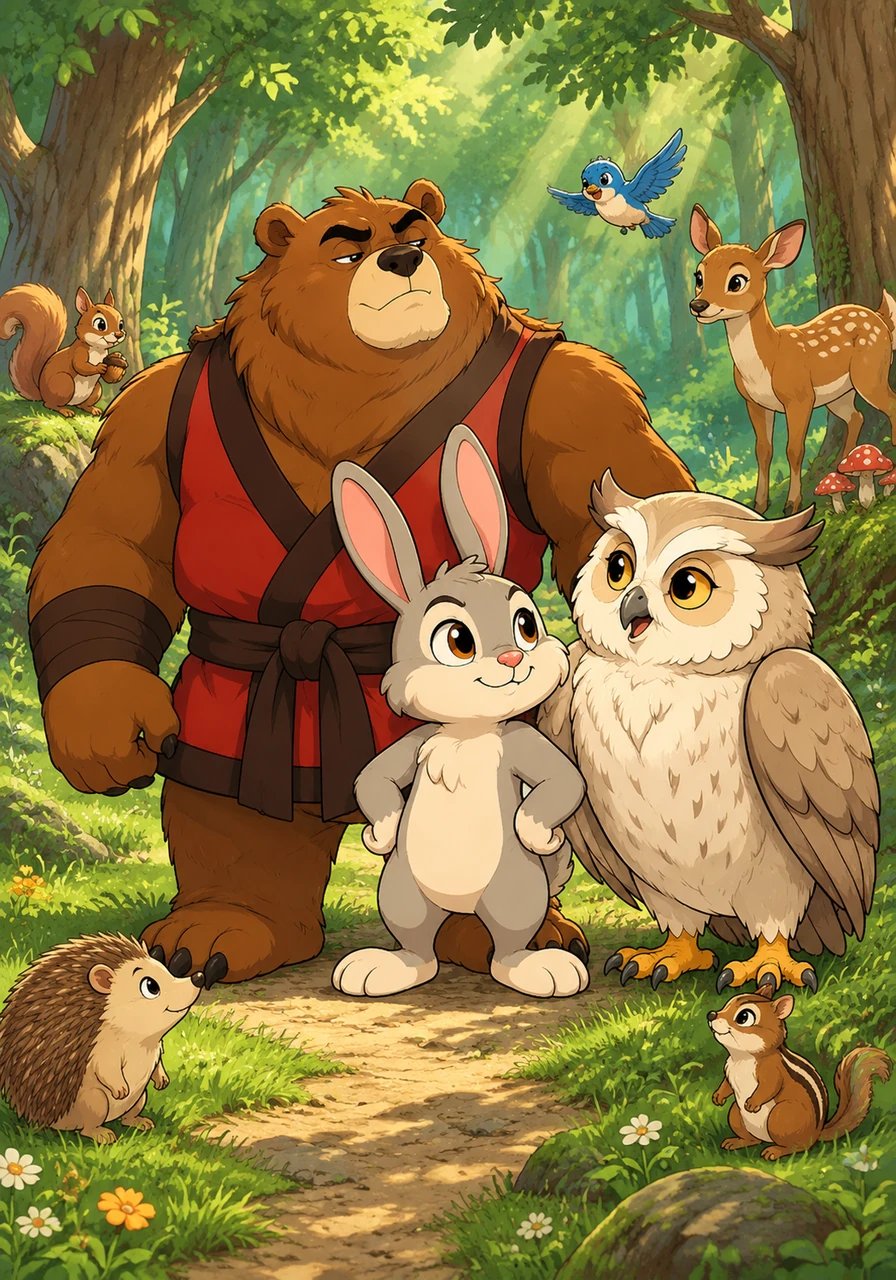 Deep within a lush, vibrant forest where the grass is emerald green and the trees touch the sky, animals of all sizes live in harmony. They share the paths and respect the ancient rules that keep their home safe and beautiful. It is a peaceful community where everyone has a place and a purpose.