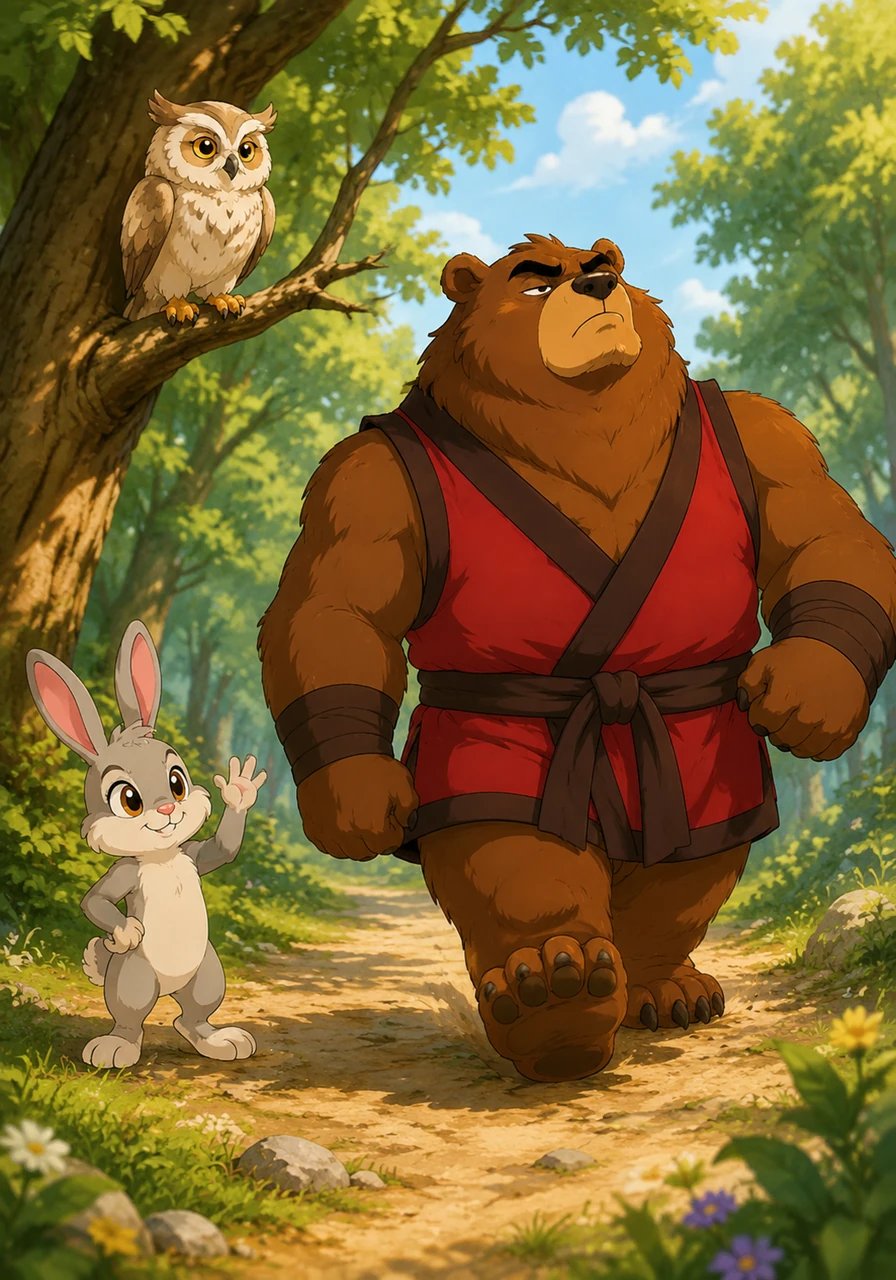 Barnaby the Bear is the largest and strongest resident of the forest, admired by everyone for his great size. However, Barnaby begins to let his strength go to his head, thinking he is far too grand to follow the same rules as the smaller creatures. He walks with a heavy, arrogant stride, ignoring the friendly nods of his neighbors.