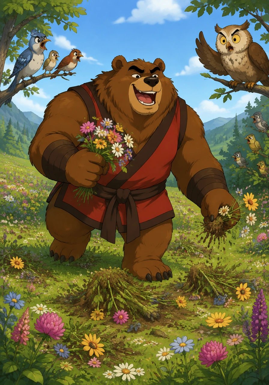One sunny morning, Barnaby wanders into the protected meadow, a beautiful sanctuary where picking flowers is strictly forbidden. With a careless laugh, he begins plucking the rare, colorful blossoms, trampling the delicate grass under his massive paws. The nearby birds watch in dismay as their favorite meadow is ruined.
