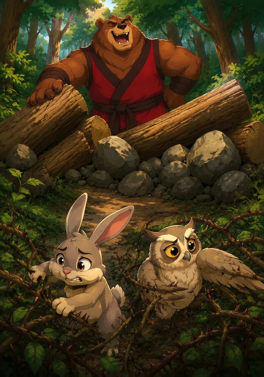 Later that day, Barnaby decides he wants a private path, so he rolls heavy logs and piles large rocks across the main forest trail. The smaller animals find their usual paths completely blocked, forcing them to take long, dangerous detours through the thorny bushes. Barnaby simply laughs, pleased with his own strength and power.