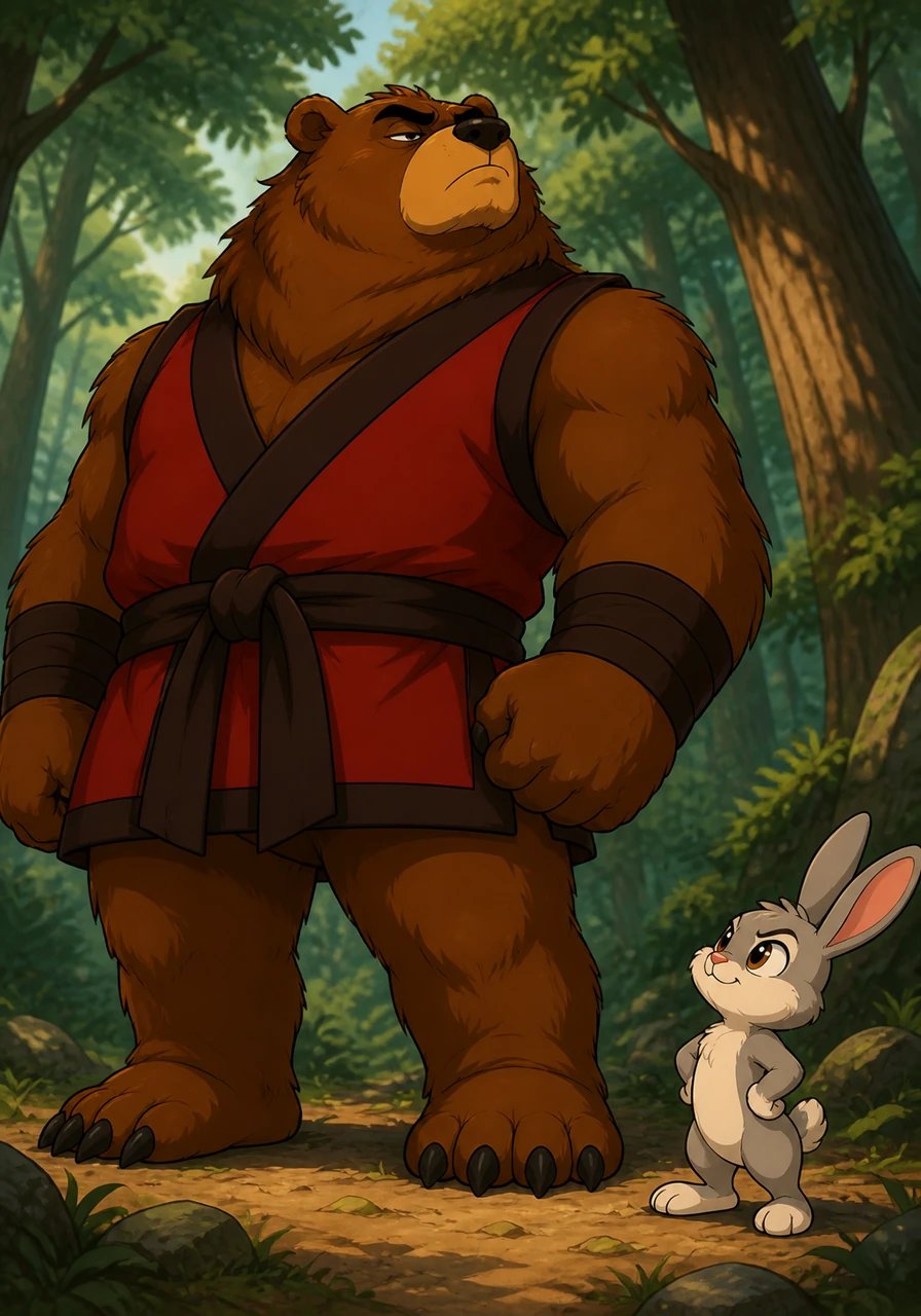 Barnaby looks down at the tiny rabbit, turning up his nose with a loud, dismissive scoff. He boasts that because he is the biggest and strongest animal in the forest, rules and laws simply do not apply to him. Pip stands his ground, refusing to be intimidated by the bear's booming voice.