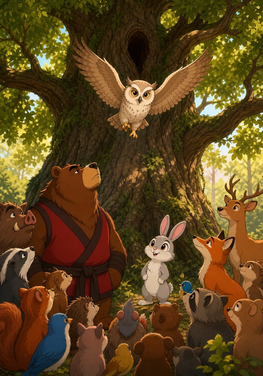 Hearing the argument, the wise old Owl flies down from her branch and calls for a grand gathering of all the forest creatures. Animals of every shape and size gather around the ancient oak tree, eager to hear the owl's wisdom and resolve the conflict.