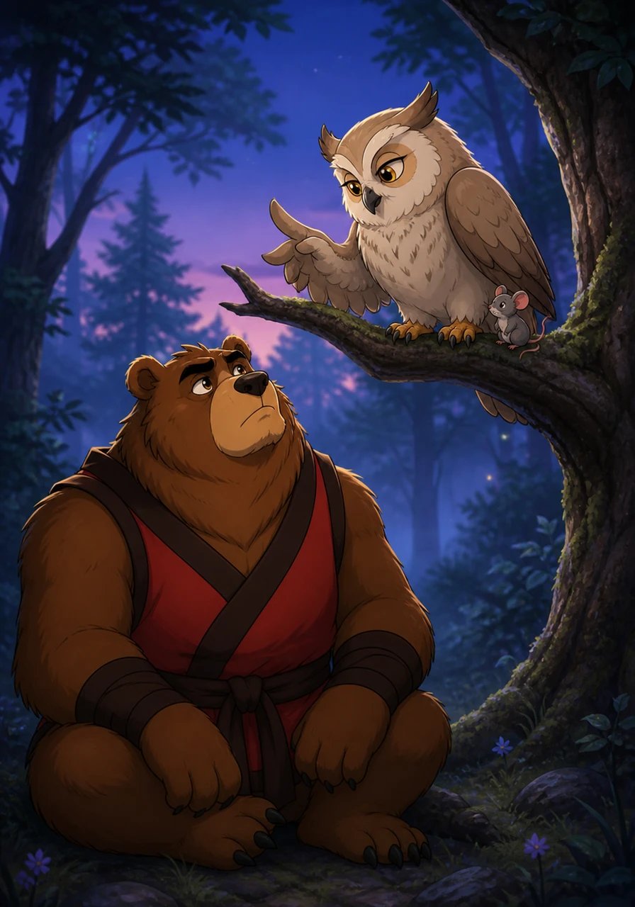 In a calm and serious voice, the wise Owl explains to Barnaby that strength and size do not make anyone superior to the law. She tells him that rules are like a shield, designed to protect the rights of the smallest mouse just as much as the largest bear. Barnaby listens quietly, the owl's words beginning to soften his stubborn heart.