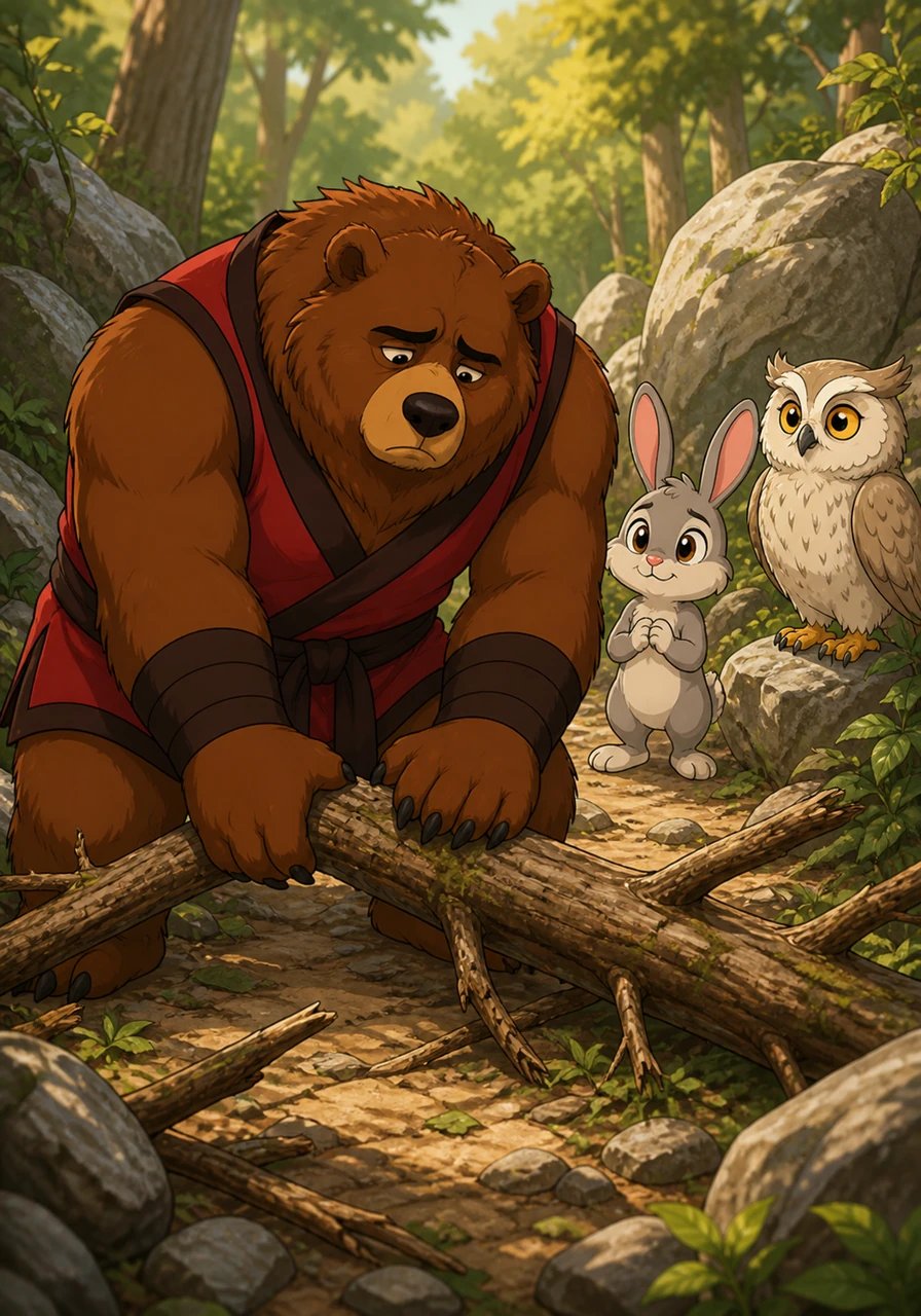 Feeling a wave of shame wash over him, Barnaby looks at the sad faces of his neighbors and realizes how unfair his actions have been. He hangs his head, sincerely apologizes to the forest community, and immediately begins using his great strength to clear the blocked paths.